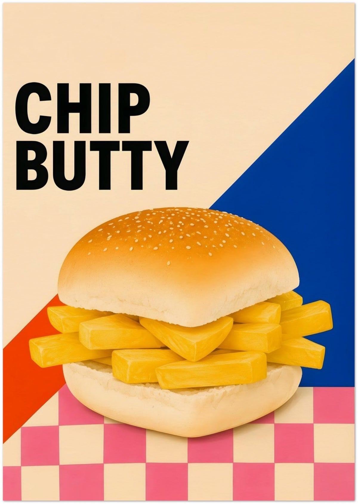 Chip Butty Print British Food Pop Art Poster Classic Uk Comfort Food Wall Art Northern Food Print Colourful Kitchen Artwork Foodie Gif displayed on Archival Paper (250 GSM) A0 (84.1 x 118.9 cm)