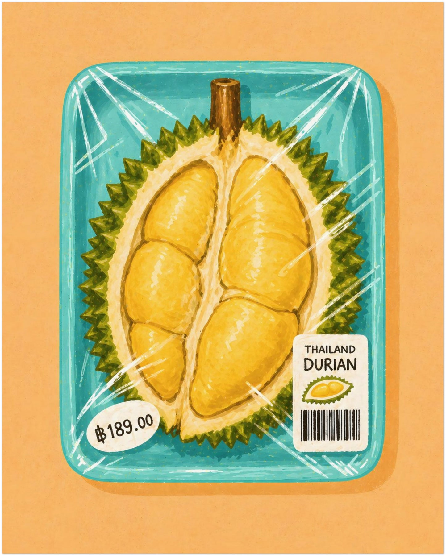 Illustrated Thai durian packaging print showing opened yellow fruit in a turquoise market tray, with a Thailand label, barcode and ฿189 sticker on an orange background.