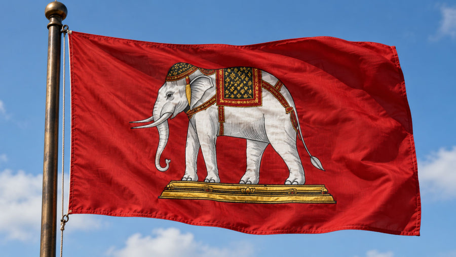 Historic Siam ensign flag featuring a decorated white elephant on a red field, shown as a realistic waving flag.