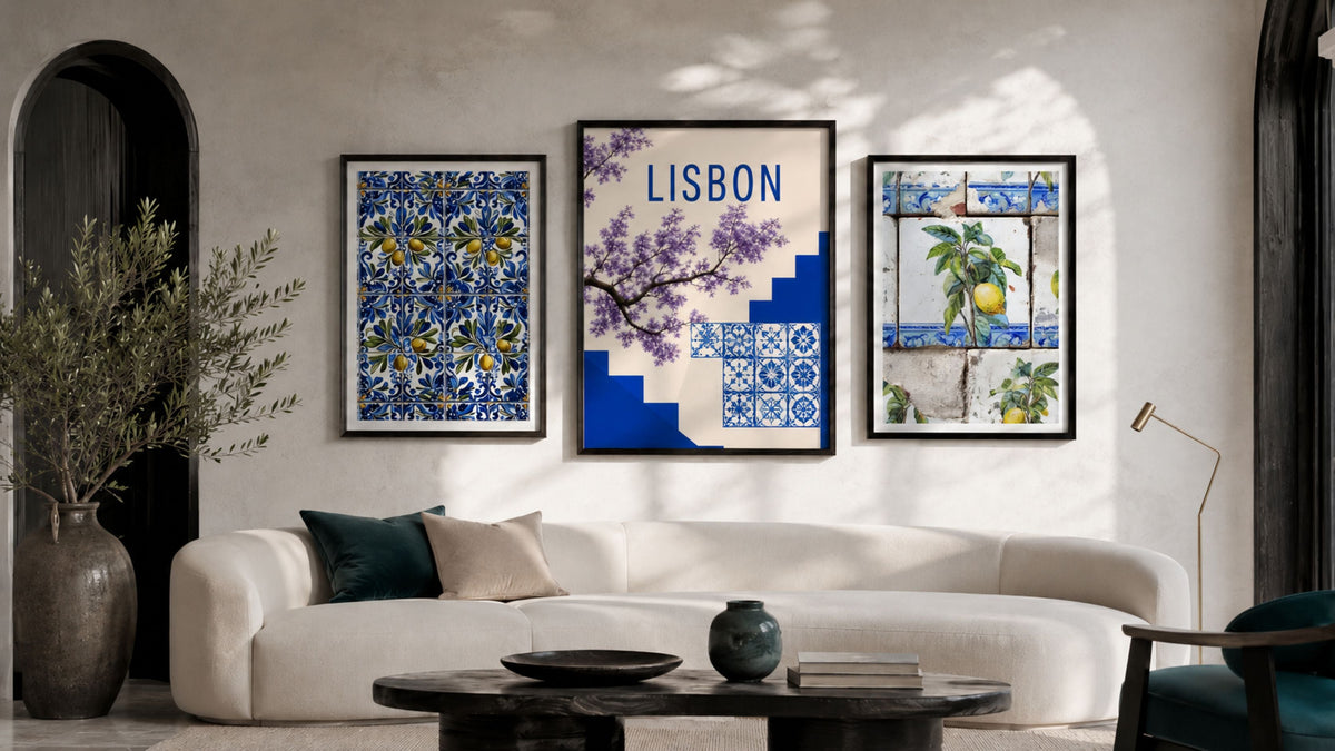 Portuguese azulejo prints displayed as contemporary wall art