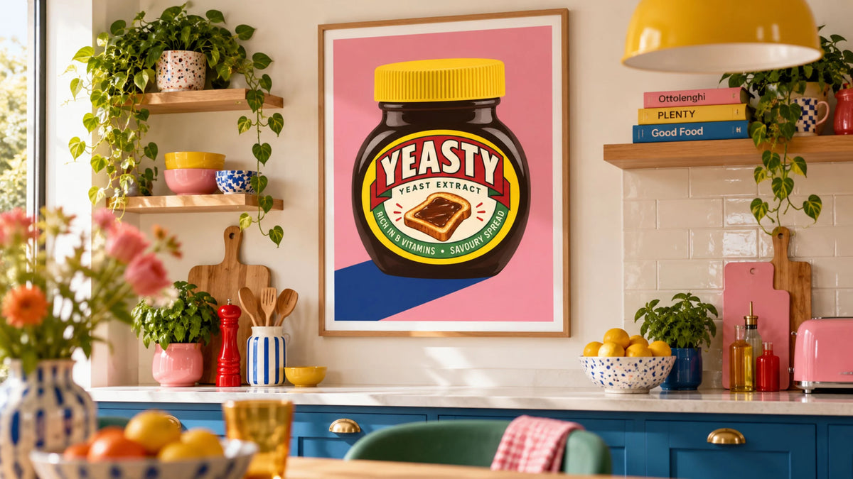 Framed Yeasty yeast extract pop art poster displayed in a colourful modern kitchen with blue cabinets, vibrant décor and softly blurred foreground flowers.