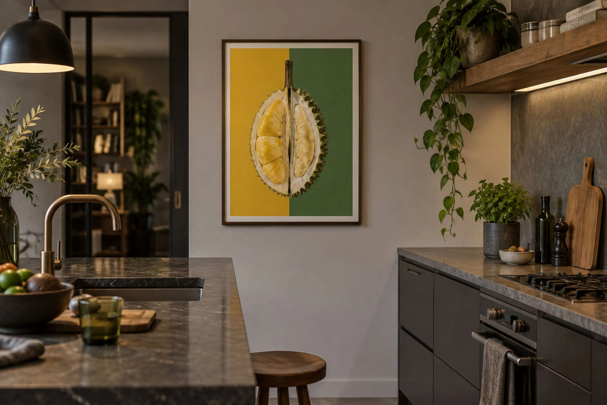 Contemporary kitchen interior featuring a framed durian poster above dark cabinetry, stone worktops and natural wood decor.