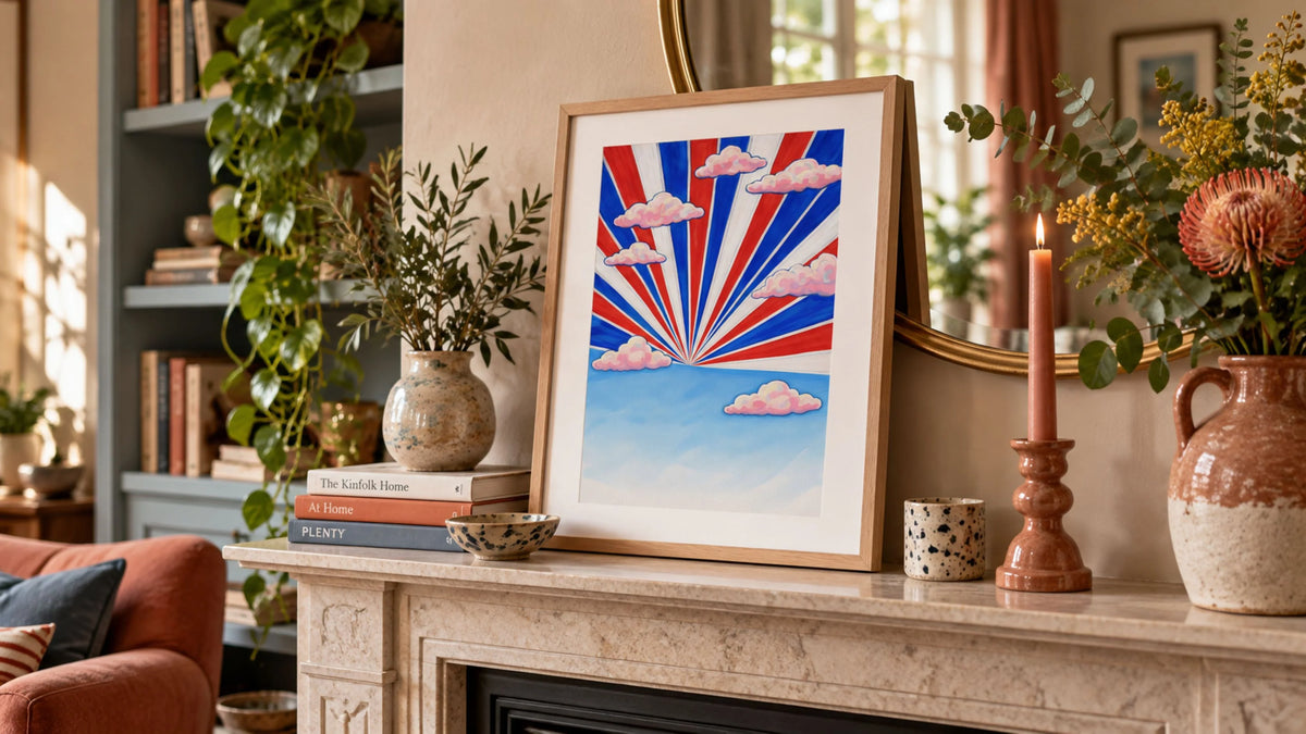 Framed Thailand sunburst print styled on a mantel in a colourful contemporary living room
