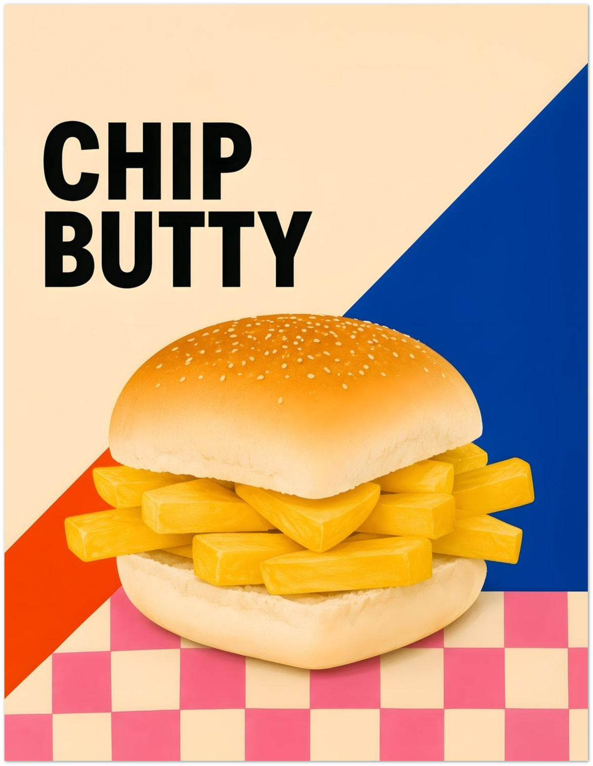 Chip Butty Print British Food Pop Art Poster Classic Uk Comfort Food Wall Art Northern Food Print Colourful Kitchen Artwork Foodie Gif displayed on Premium Paper (170 GSM) 27x35 cm / 11x14″