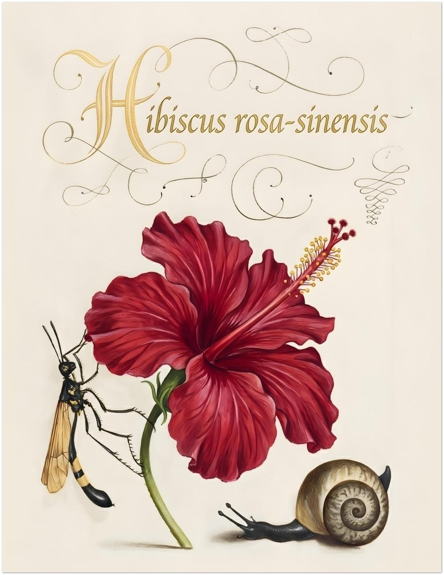 11x14 inch unframed hibiscus botanical illustration featuring a red hibiscus flower with detailed petals and soft shading. The name Hibiscus rosa-sinensis appears above in decorative script, with a wasp and snail beside the plant. Vintage botanical flower print with a classic natural history layout on a light cream background, suited for medium wall spaces.