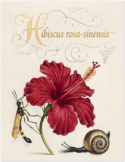 11x14 inch unframed hibiscus botanical illustration featuring a red hibiscus flower with detailed petals and soft shading. The name Hibiscus rosa-sinensis appears above in decorative script, with a wasp and snail beside the plant. Vintage botanical flower print with a classic natural history layout on a light cream background, suited for medium wall spaces.