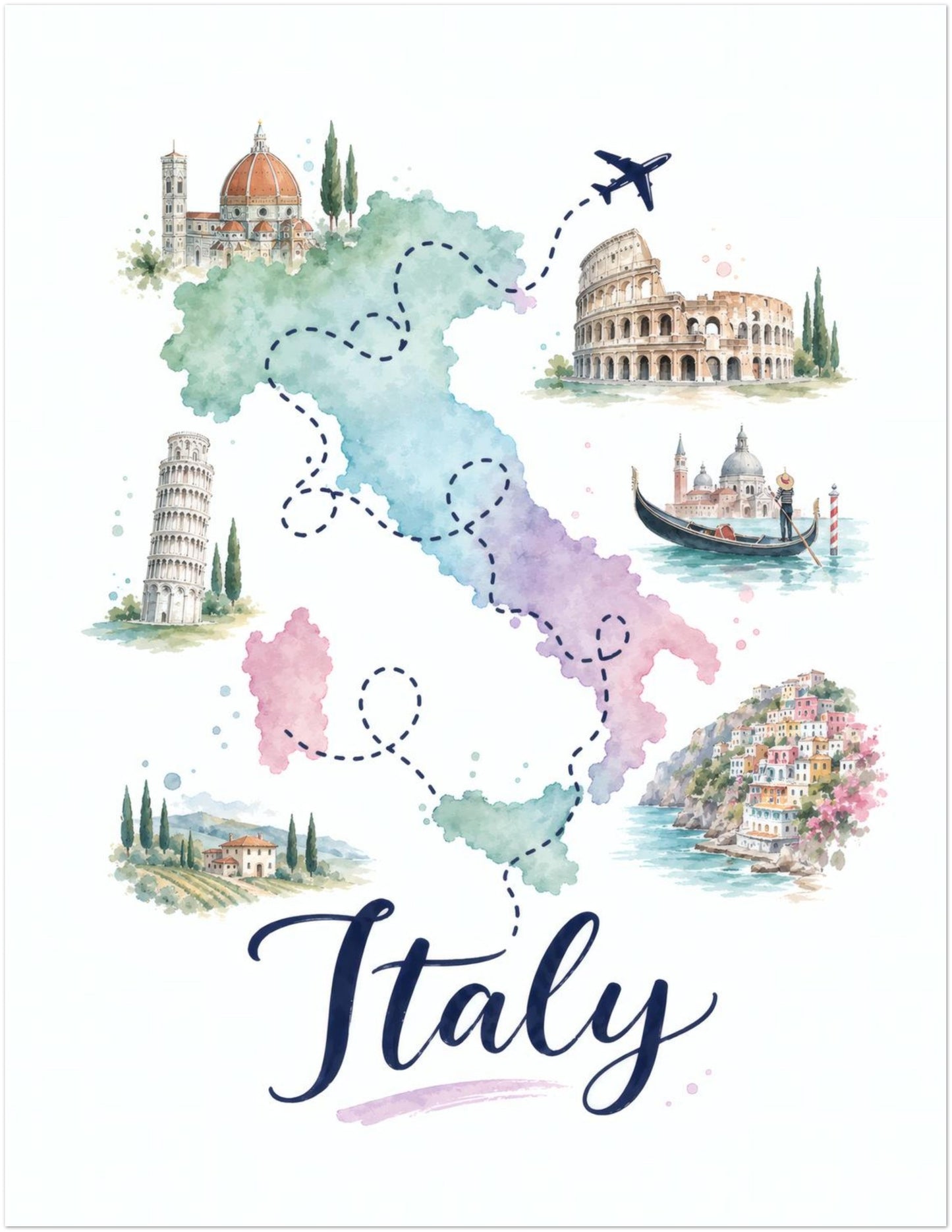 Unframed 11 x 14 inch Italy map poster showing the country in soft pastel watercolour shades of green, blue, pink and purple. Dotted travel routes connect illustrated Italian landmarks, architecture and coastal scenes, while a small aeroplane and large navy Italy lettering add a playful travel theme to the portrait artwork.