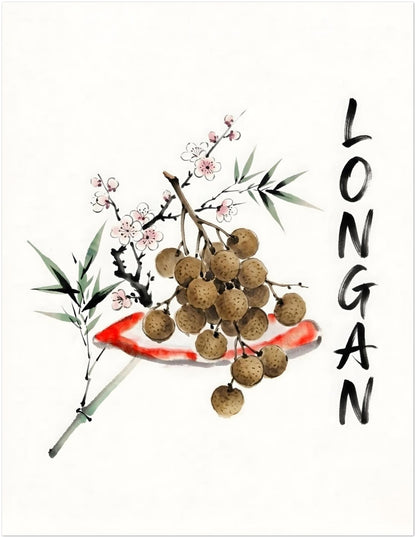 11x14 inch minimalist longan watercolour print showing a Thai fruit branch with rounded brown longans, bamboo leaf detail, pink blossom marks and black ink lettering. A simple Southeast Asia inspired poster for kitchen decor, dining room walls, cafés and travel themed interiors.