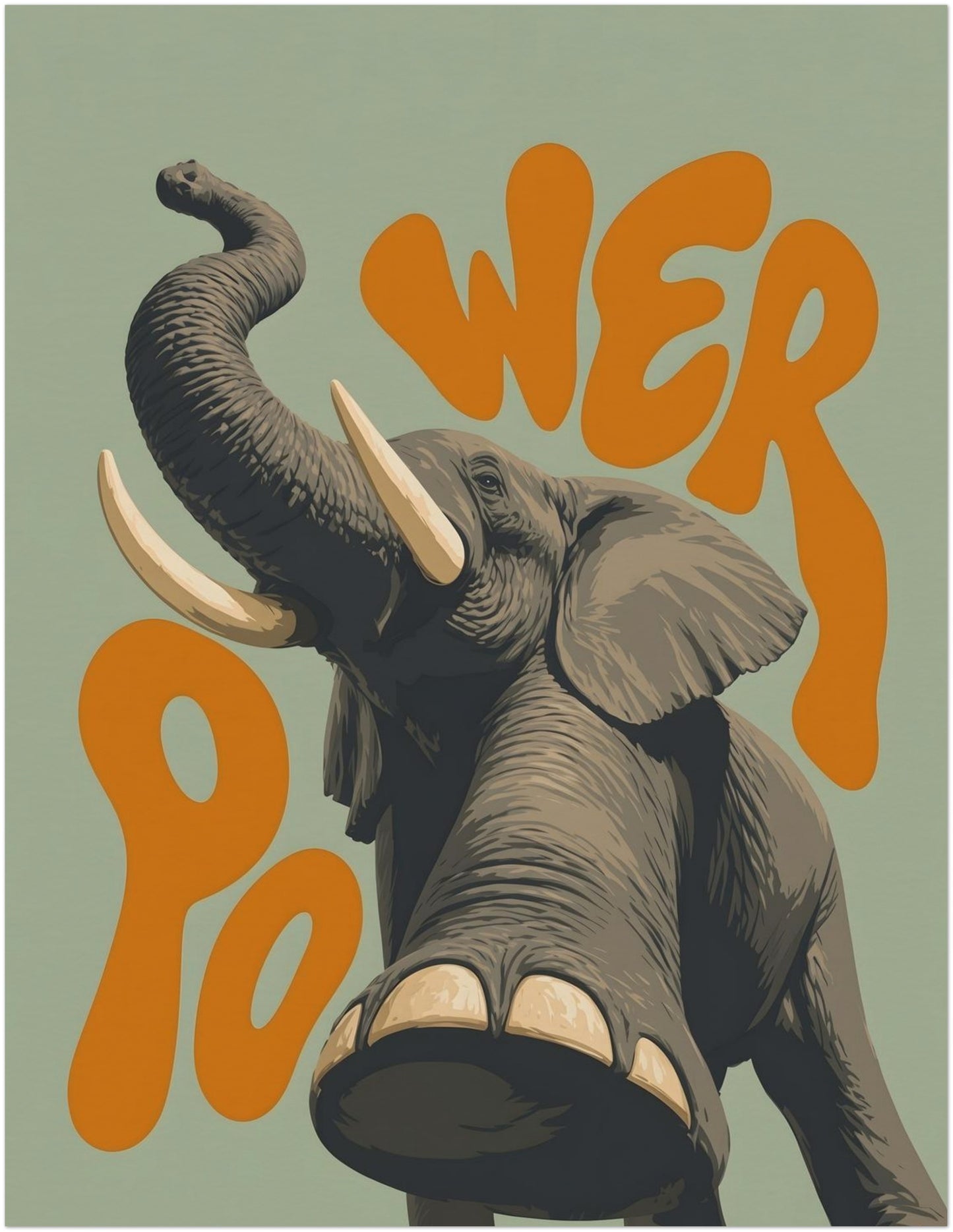 11x14 unframed elephant print with a raised trunk, large tusks, textured grey skin and bold orange lettering on a soft green background. A playful wildlife poster for living room wall art, office decor, kids’ room styling, nursery wall art or safari animal wall decor.