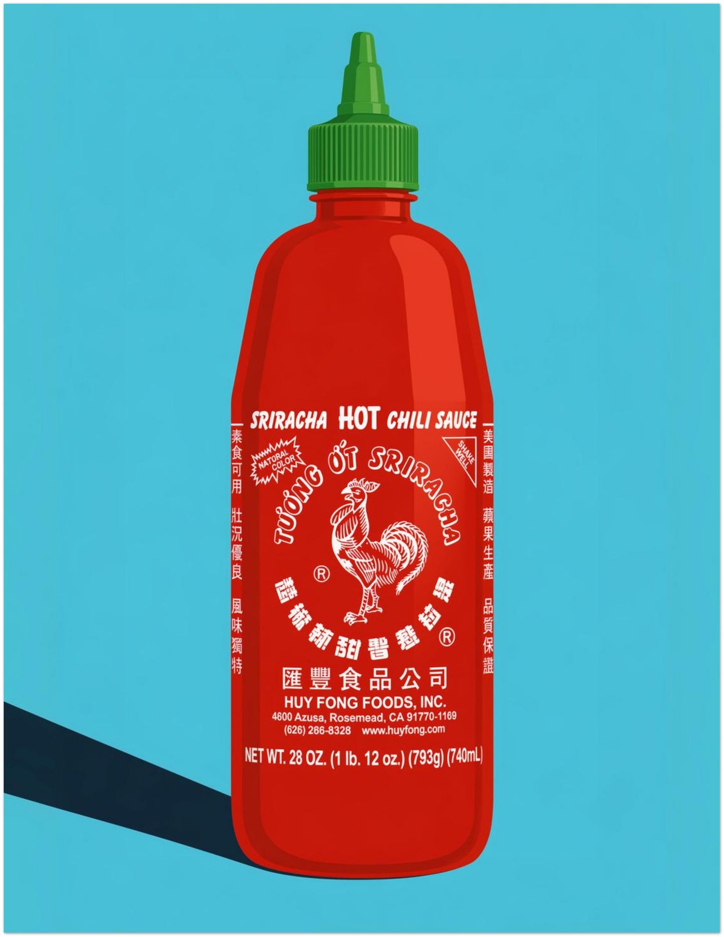 11x14 inch unframed hot sauce poster showing a red sriracha bottle with green cap, rooster logo, white branding details and blue background. A bold food wall art print with pop art style, ideal for kitchens, cafes, dining rooms, restaurant walls and colourful foodie gallery walls.