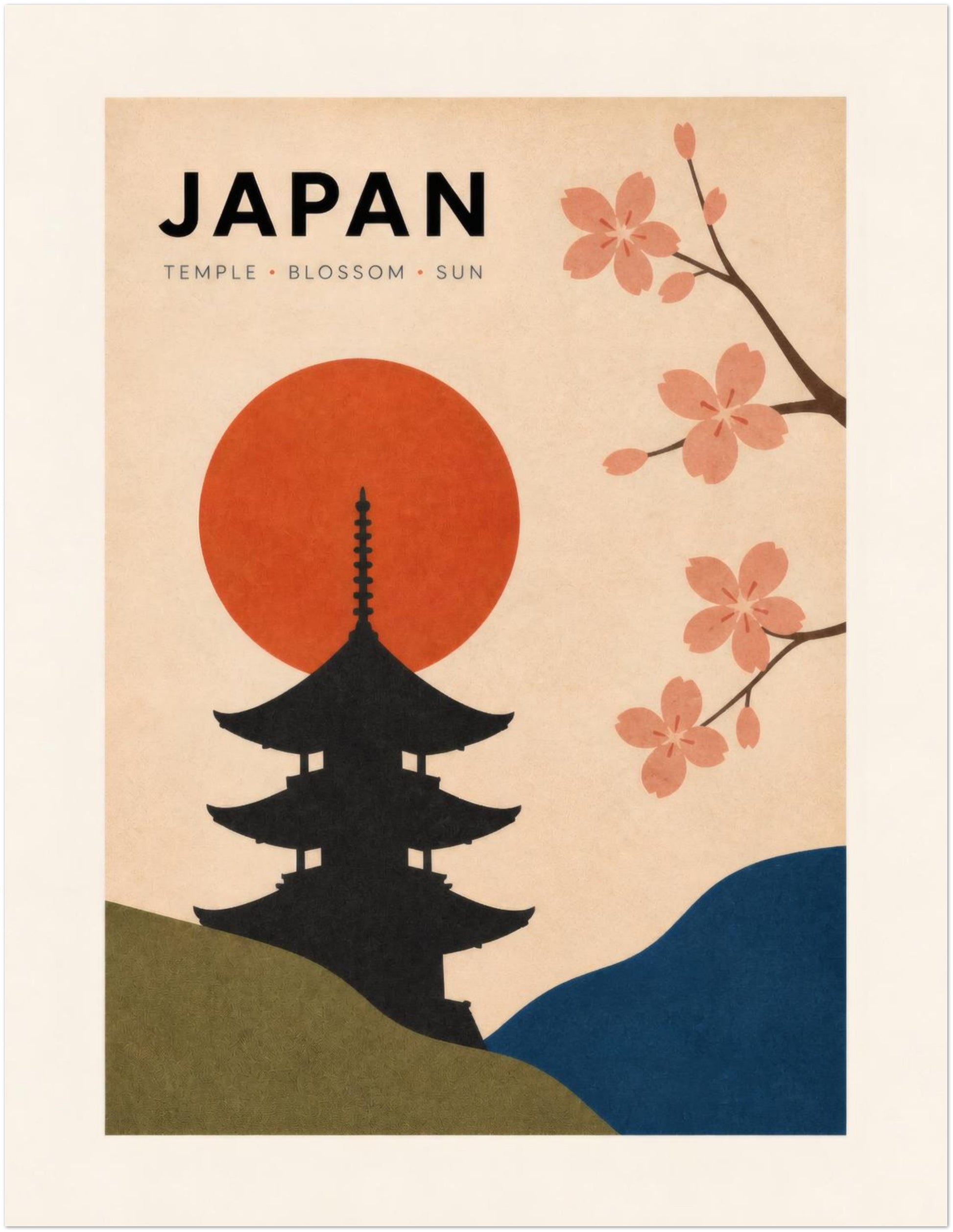 Unframed 11 x 14 inch vintage Japan poster with a black temple silhouette, red rising sun and soft pink cherry blossom branch. Curved olive and blue hills add colour against the warm cream background. This retro Japanese travel wall art works well in a bedroom, hallway, office, living room or mixed gallery wall.