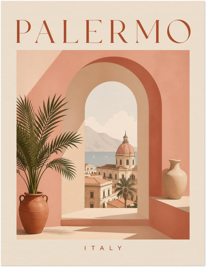 Unframed 11 x 14 inch Palermo Sicily travel poster featuring soft peach arches, terracotta details, cream architecture and a green potted palm. PALERMO appears across the top while a sunlit Italian cityscape is framed through the central arch, with ITALY below. A pastel Mediterranean print for calm, modern interiors.
