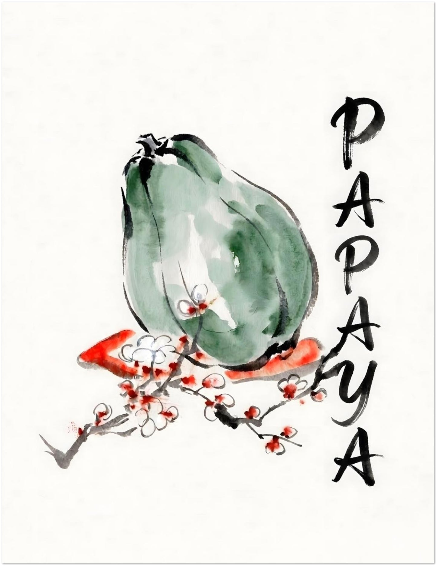 11x14 inch unframed papaya art print presented as a product mockup on a light neutral background. The design includes a pale green papaya painted in soft washes, black hand drawn lines, blossom branches with red accents, and vertical PAPAYA text. A minimalist fruit poster for kitchen wall decor, tropical botanical themes, dining room styling and modern homes looking for clean, simple food inspired artwork.
