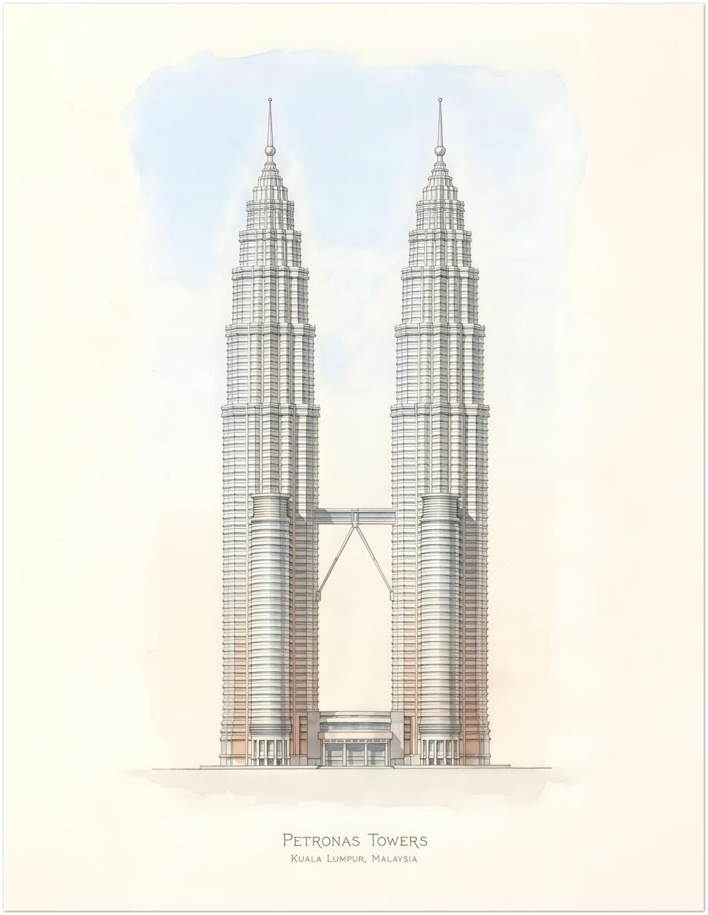 11x14 inch unframed Petronas Towers architectural line art poster depicting the famous Kuala Lumpur skyline landmark. The Twin Towers are illustrated with precise structural detail and symmetrical composition with the sky bridge connecting the skyscrapers. Minimalist Malaysia architecture wall art designed for modern interior decor.