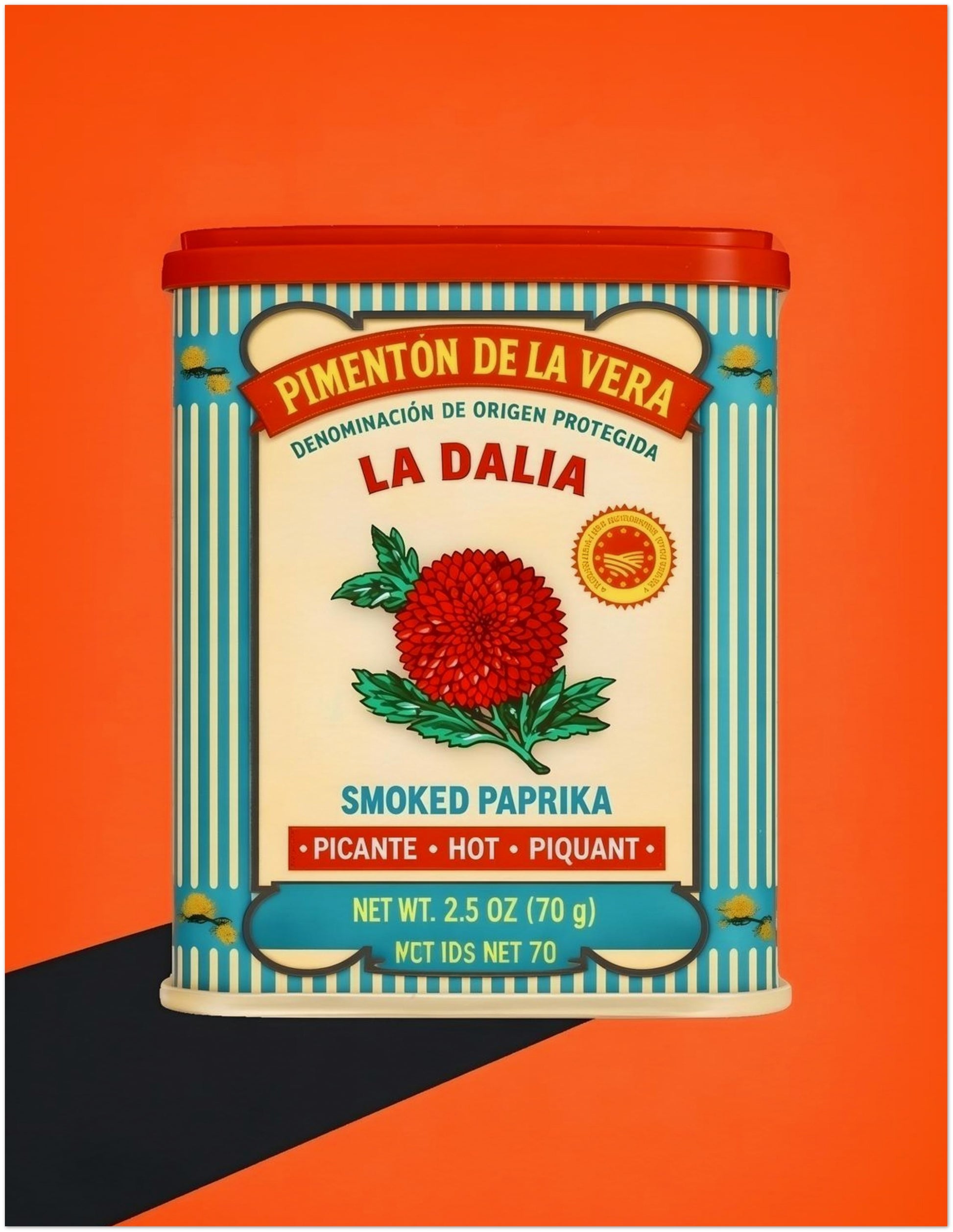 11x14 unframed Spanish paprika tin artwork shown as a clear front-facing product image with a bright orange background and graphic vintage food label design. Visible details include the red lid, blue striped sides, cream panel, red flower and Spanish wording. Useful for Spanish kitchen wall art, smoked paprika print, retro pantry artwork, food packaging picture and bold colourful decor searches.