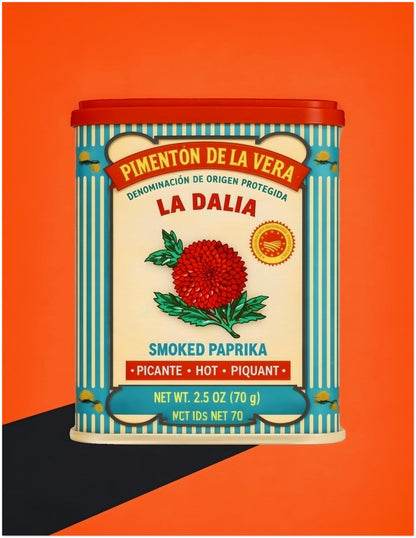 11x14 unframed Spanish paprika tin artwork shown as a clear front-facing product image with a bright orange background and graphic vintage food label design. Visible details include the red lid, blue striped sides, cream panel, red flower and Spanish wording. Useful for Spanish kitchen wall art, smoked paprika print, retro pantry artwork, food packaging picture and bold colourful decor searches.