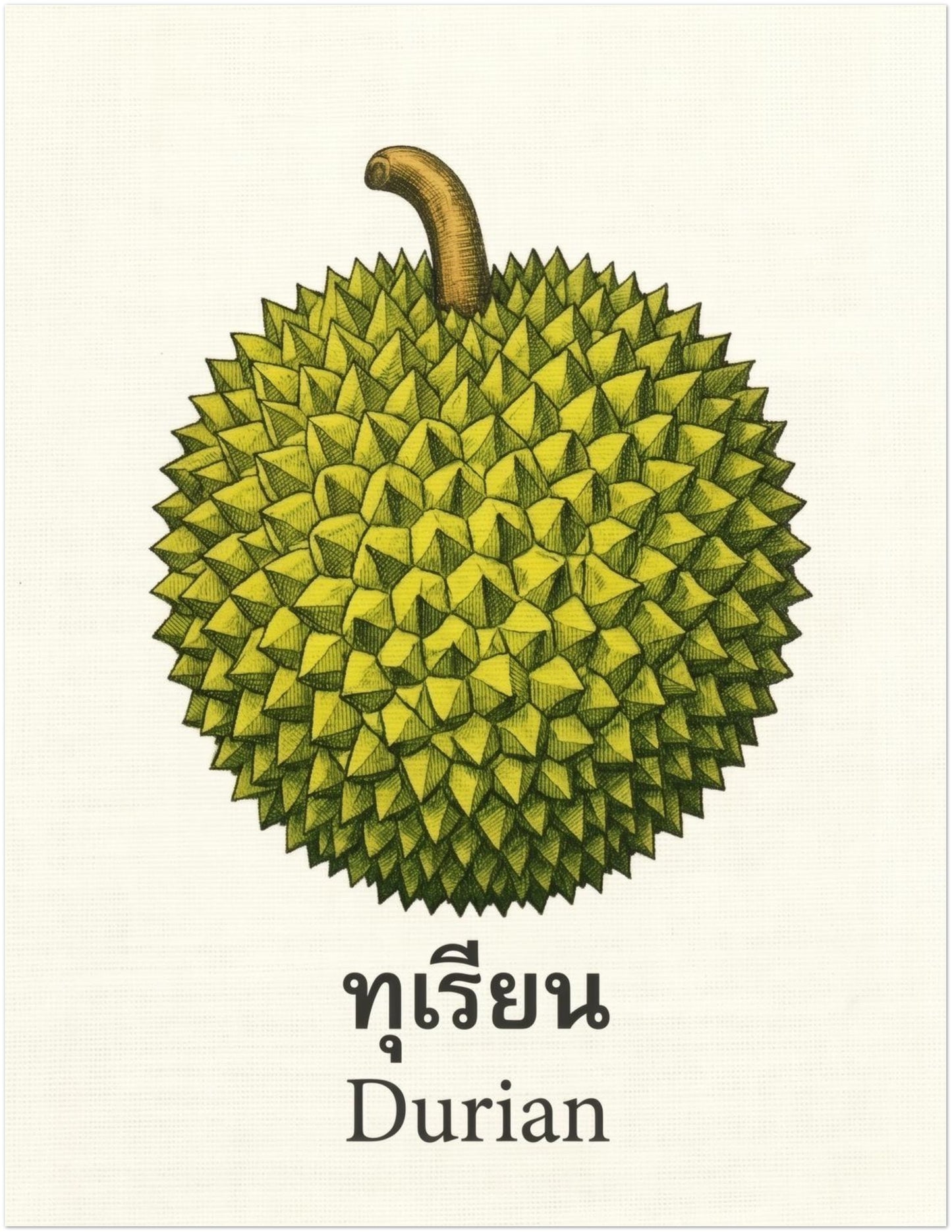 Unframed 11x14 retro Thai durian poster featuring a green spiky durian illustration with a brown curved stem, set on a plain cream background. The lower section includes Thai script and the English word “Durian,” adding a vintage label style. Ideal for botanical fruit wall art, Thai kitchen decor, food-inspired gallery walls and minimalist cultural interiors.