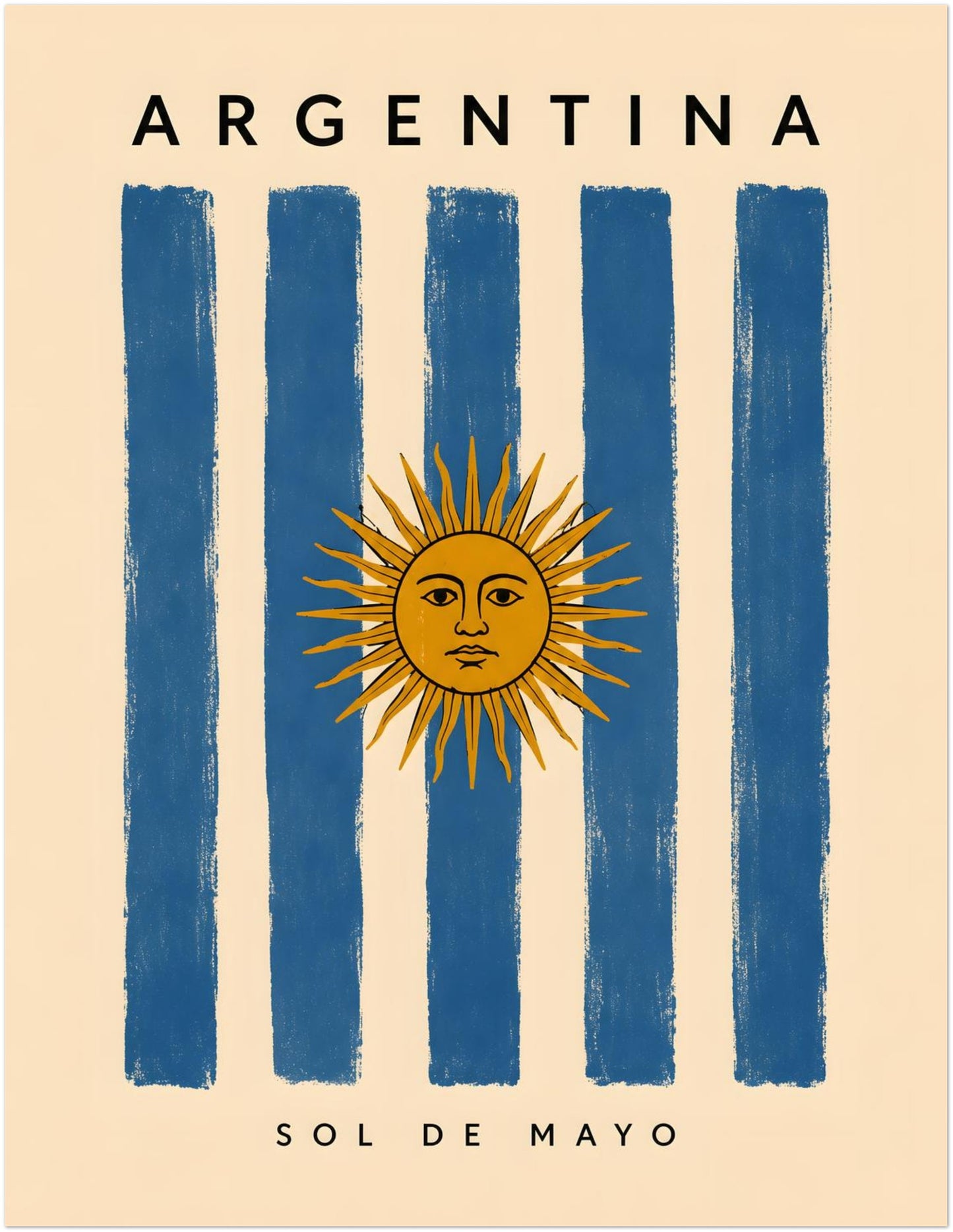 11 x 14 inch unframed Argentina travel poster with painted blue and cream flag stripes and a detailed golden Sun of May positioned prominently in the centre. The word Argentina is spaced across the top, while Sol de Mayo is printed near the bottom. The aged cream colouring gives this Argentine wall print a warm vintage finish.