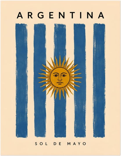 11 x 14 inch unframed Argentina travel poster with painted blue and cream flag stripes and a detailed golden Sun of May positioned prominently in the centre. The word Argentina is spaced across the top, while Sol de Mayo is printed near the bottom. The aged cream colouring gives this Argentine wall print a warm vintage finish.