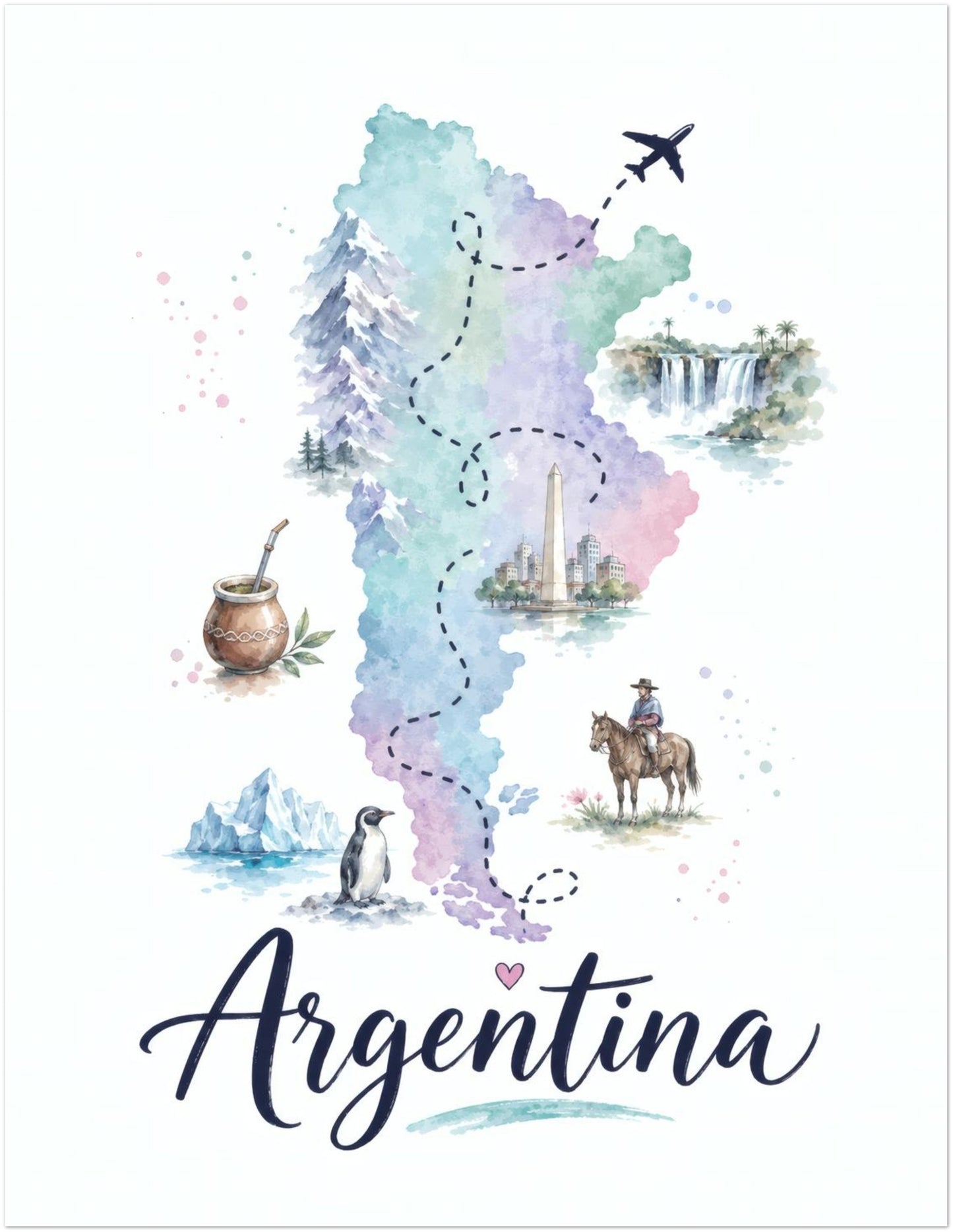 Unframed 11 x 14 inch Argentina map print shown in portrait orientation against a plain white background. The artwork combines a delicate pastel map in blue, green and lilac with small illustrated animals, regional scenes and travel motifs. A flying aeroplane and sweeping handwritten Argentina text give the design a light South American travel poster style.