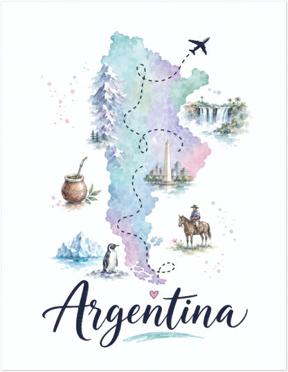 Unframed 11 x 14 inch Argentina map print shown in portrait orientation against a plain white background. The artwork combines a delicate pastel map in blue, green and lilac with small illustrated animals, regional scenes and travel motifs. A flying aeroplane and sweeping handwritten Argentina text give the design a light South American travel poster style.