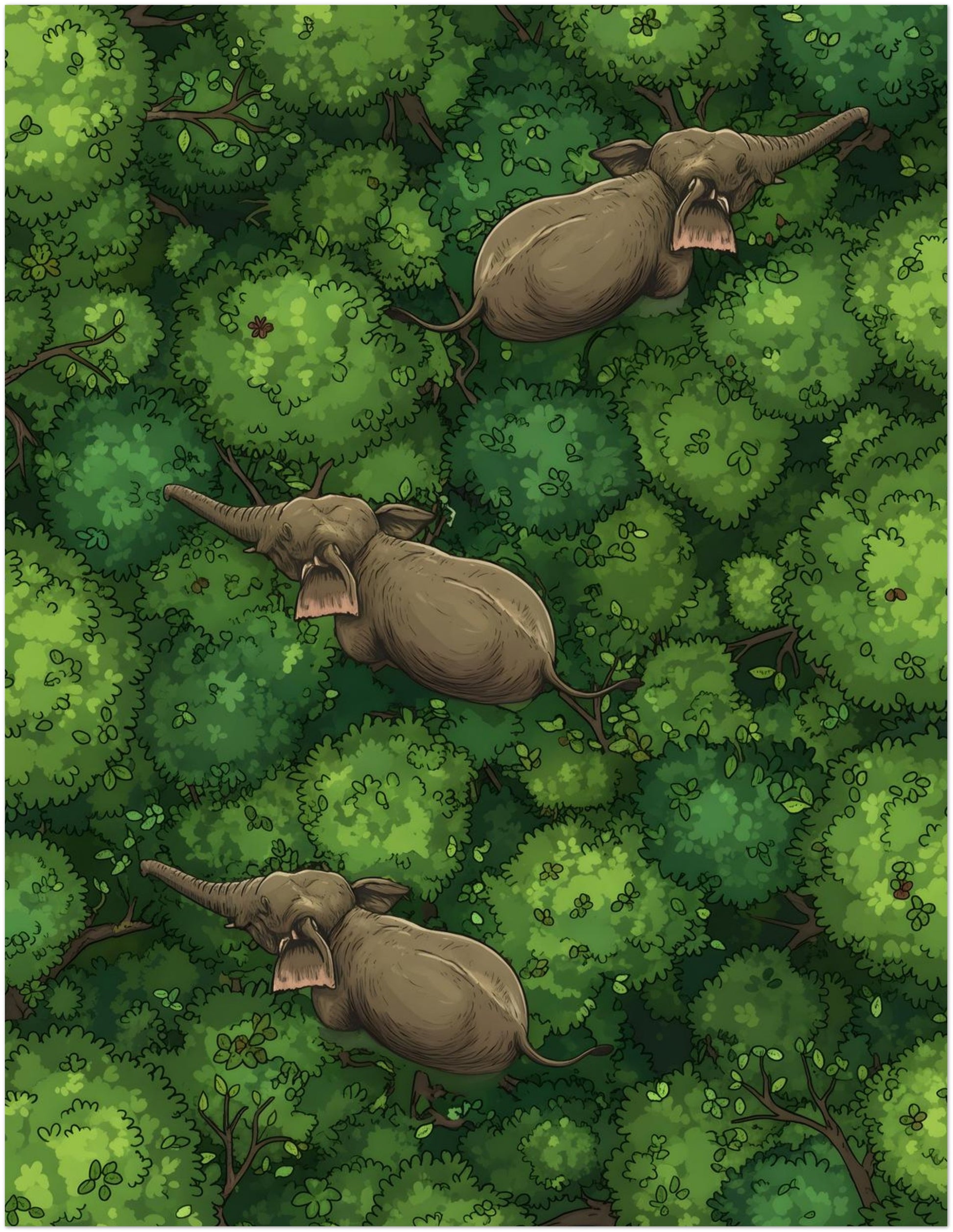 11x14 inch unframed elephant wall decor print with three elephants walking diagonally through dense jungle canopy. Seen from above, the artwork uses layered green treetops and natural movement to create a peaceful forest scene with strong detail. Ideal for jungle elephant art, green animal print, wildlife poster and travel-inspired wall decor in living rooms, studies or hallways.