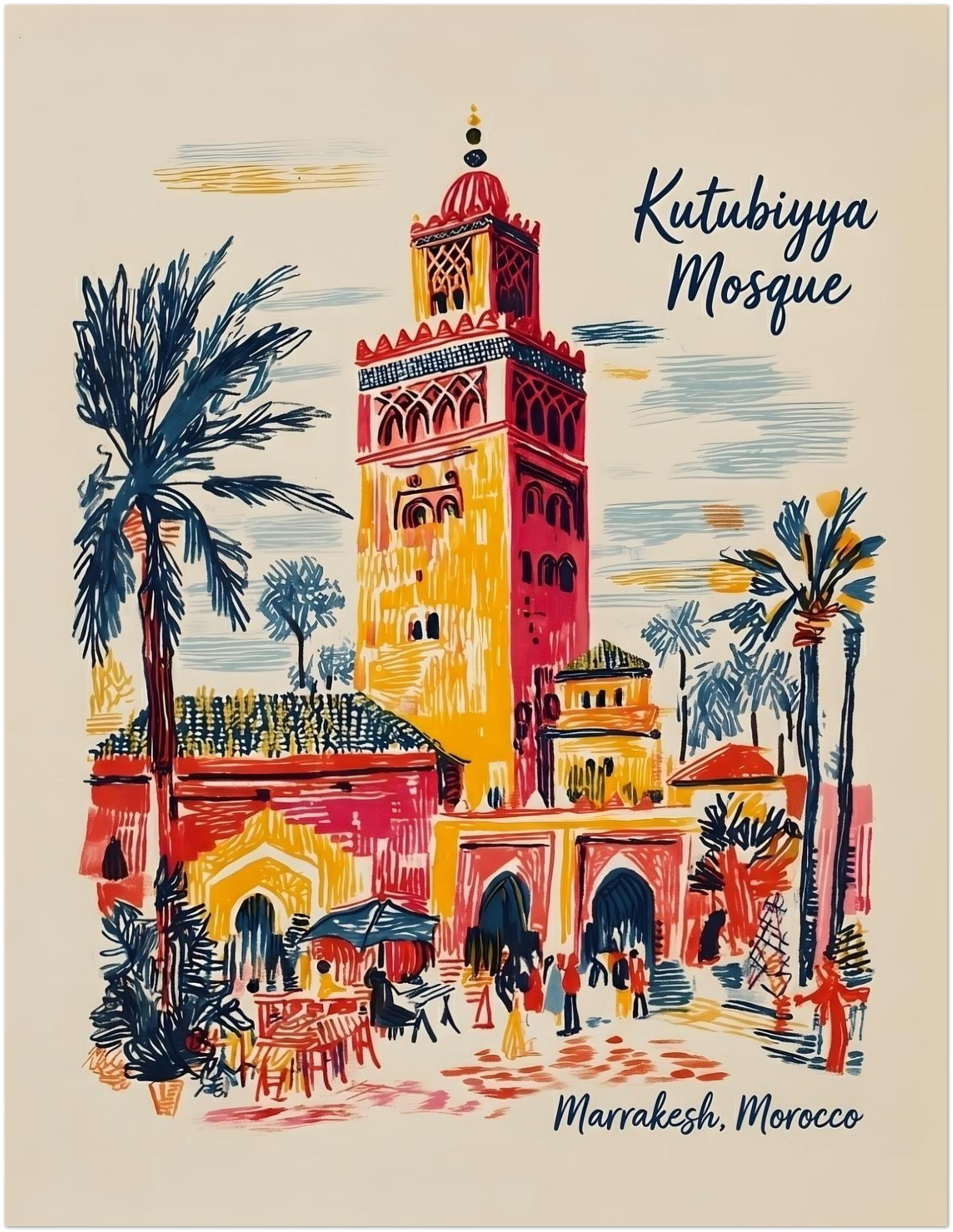 11x14 inch unframed Kutubiyya Mosque print showing a lively Marrakech street scene with the famous mosque tower rising above palm trees and arched entrances. Loose red, yellow, blue and cream lines give the artwork a hand-drawn travel poster feel. A popular medium size for Morocco wall art, suited to living rooms, hallways, bedrooms or offices wanting colourful Marrakesh architecture decor.