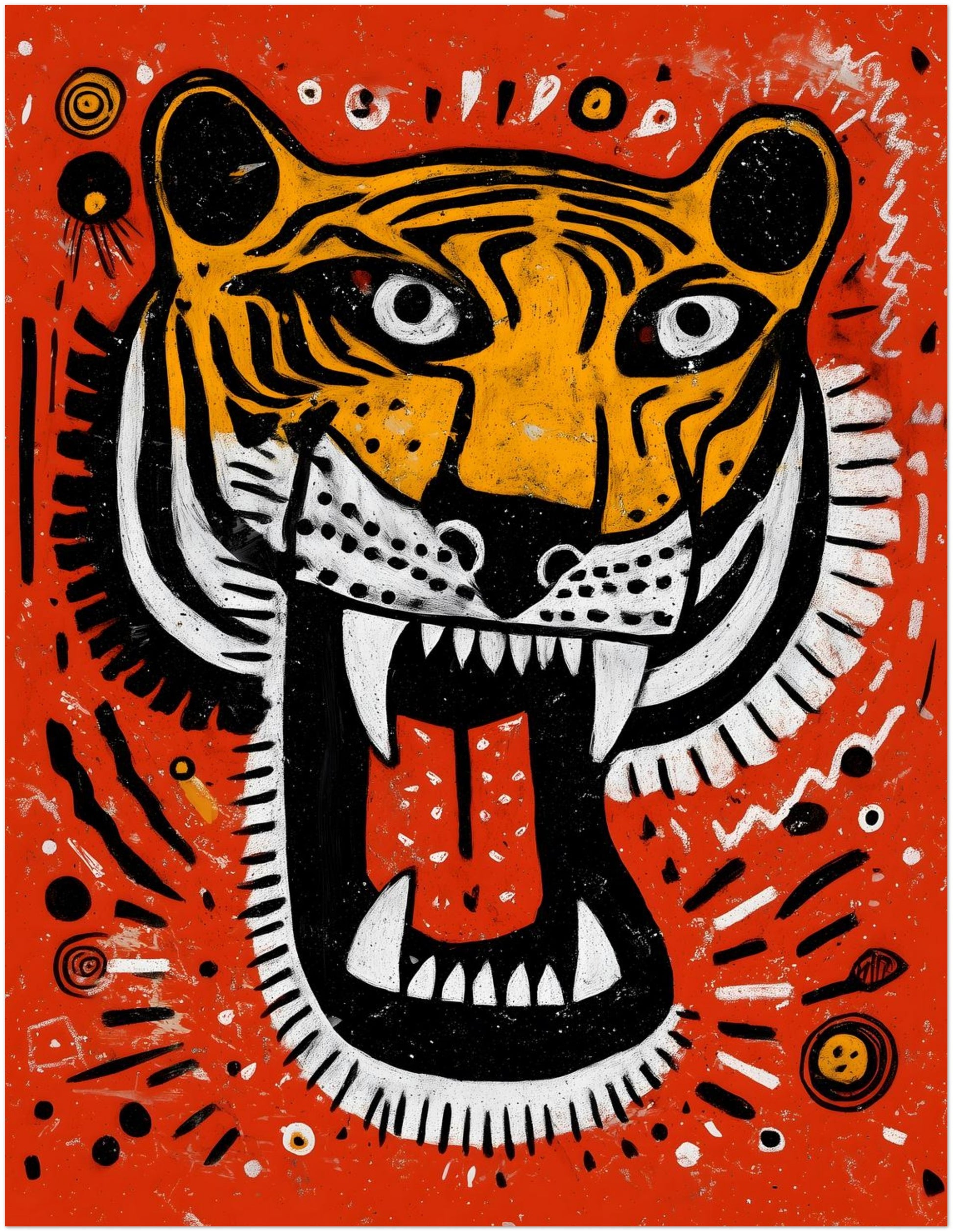 11x14 inch unframed Roaring Malayan Tiger print showcasing bold graphic styling and strong colour contrast. The open mouth with sharp white teeth and red tongue sits against a bright orange background, accented by black and white stripes and tribal dot patterns for modern Malaysian wildlife art.