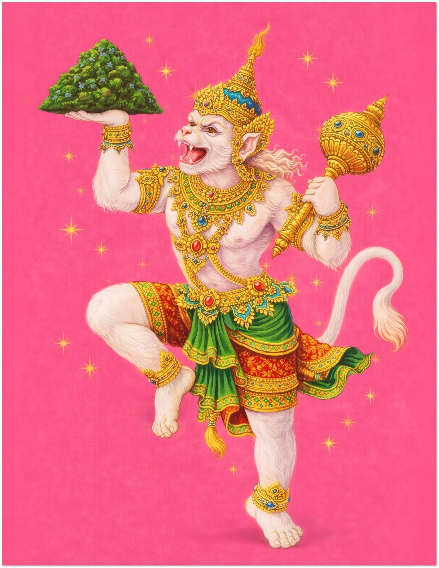 11x14 inch unframed Thai Hanuman Ramakien art print highlighting the Hindu monkey god in traditional Thai costume with gold and green ornamentation. The vivid pink background enhances contrast and visibility. A compact spiritual mythology wall art poster inspired by Southeast Asian Ramakien epic storytelling.