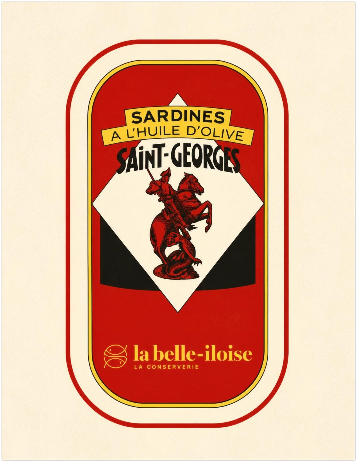 11 x 14 inch unframed vintage French sardine tin wall art, featuring the red Saint-Georges label with cream, yellow and black graphic packaging details.