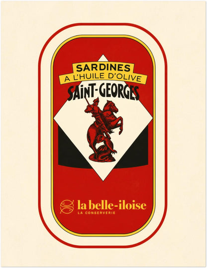 11 x 14 inch unframed vintage French sardine tin wall art, featuring the red Saint-Georges label with cream, yellow and black graphic packaging details.