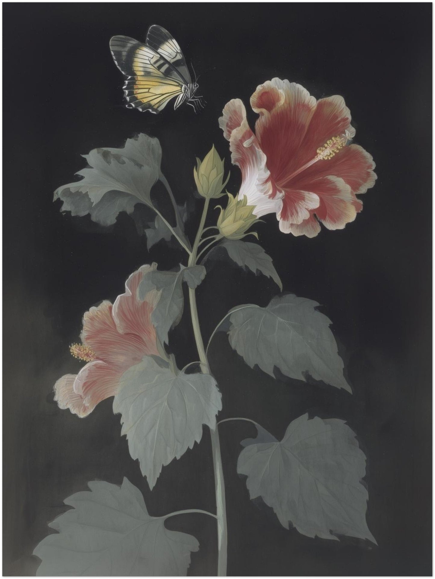 12x16 inch unframed Malaysian hibiscus wall art featuring a vertical botanical composition of Bunga Raya flowers and a Rajah Brooke’s Birdwing butterfly. The artwork uses muted green leaves, red petals and a dark background to create a vintage botanical print inspired by Malaysian rainforest wildlife.