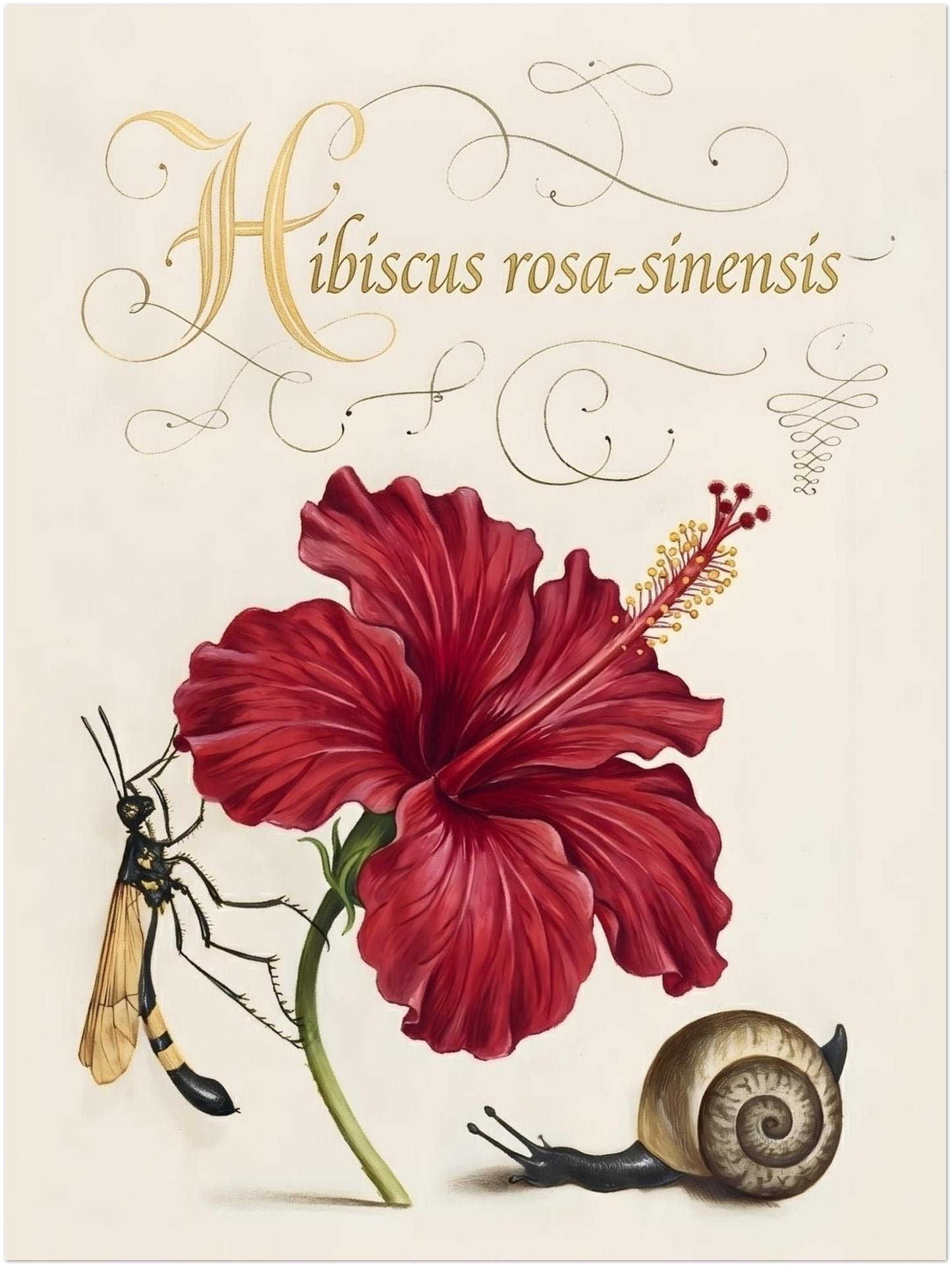 12x16 inch unframed hibiscus botanical print showing a large red hibiscus flower with defined petals and natural shading. The illustration includes Hibiscus rosa-sinensis script and small natural elements like a wasp and snail. Vintage botanical style artwork with a clean cream background and structured plant study composition for larger wall displays.