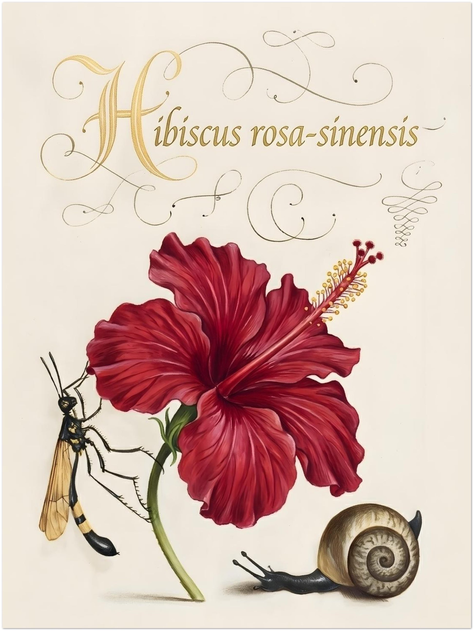 12x16 inch unframed hibiscus botanical print showing a large red hibiscus flower with defined petals and natural shading. The illustration includes Hibiscus rosa-sinensis script and small natural elements like a wasp and snail. Vintage botanical style artwork with a clean cream background and structured plant study composition for larger wall displays.