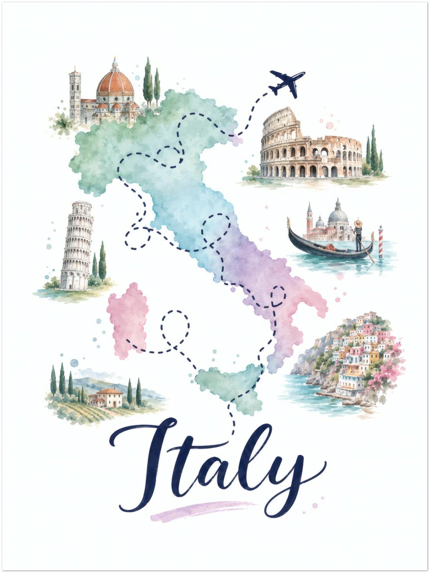 Unframed 12 x 16 inch Italy travel poster with a hand-painted pastel map of the country. Green, blue, pink and purple regions are surrounded by illustrated Italian buildings, monuments and coastal details, linked by dotted routes and a small aeroplane. Navy Italy script gives the portrait wall art a clear decorative focal point.