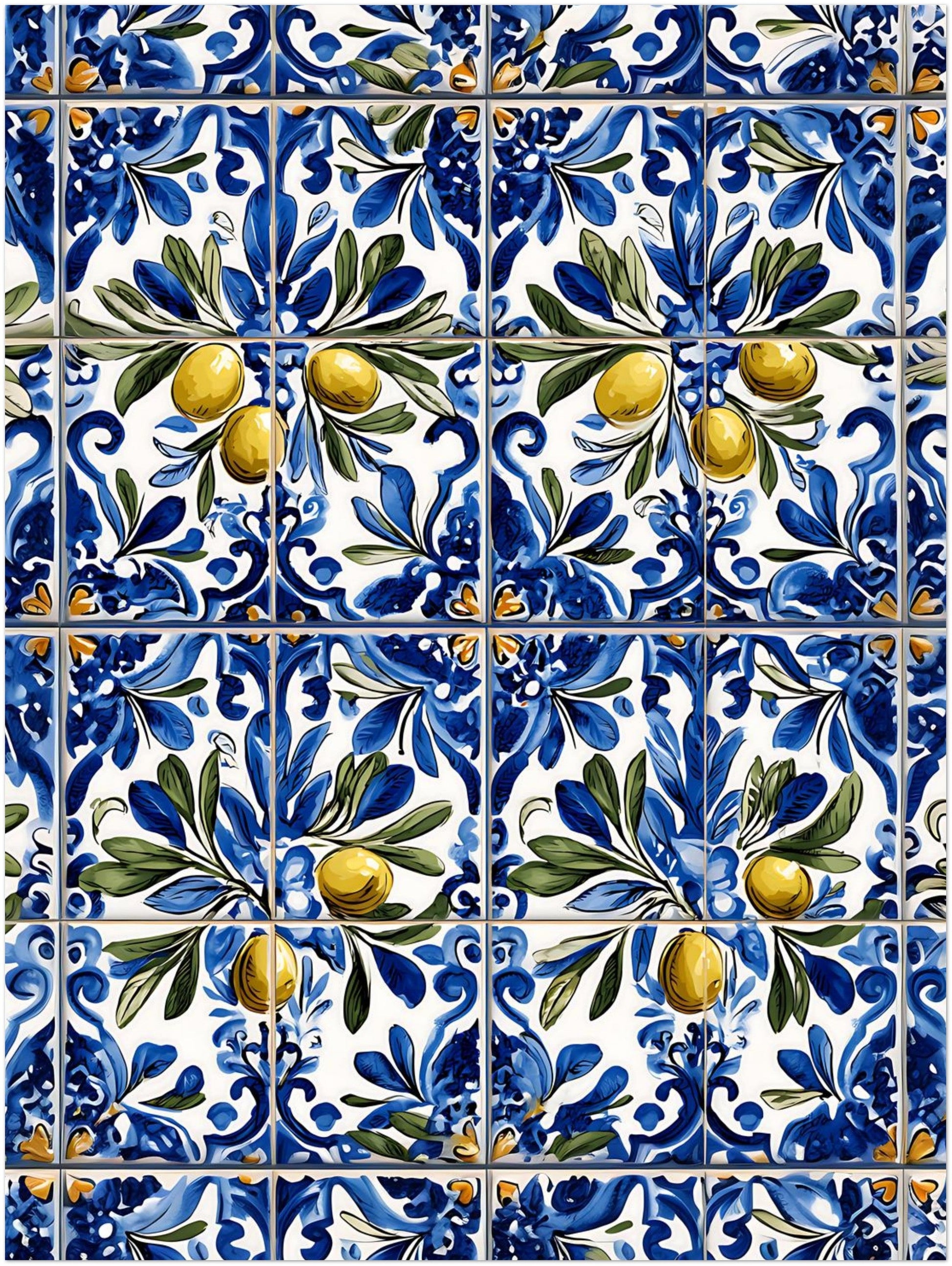 12 x 16 inch Portuguese blue tile poster showing olive-green leaves across a detailed azulejo-style floral pattern on a white background.