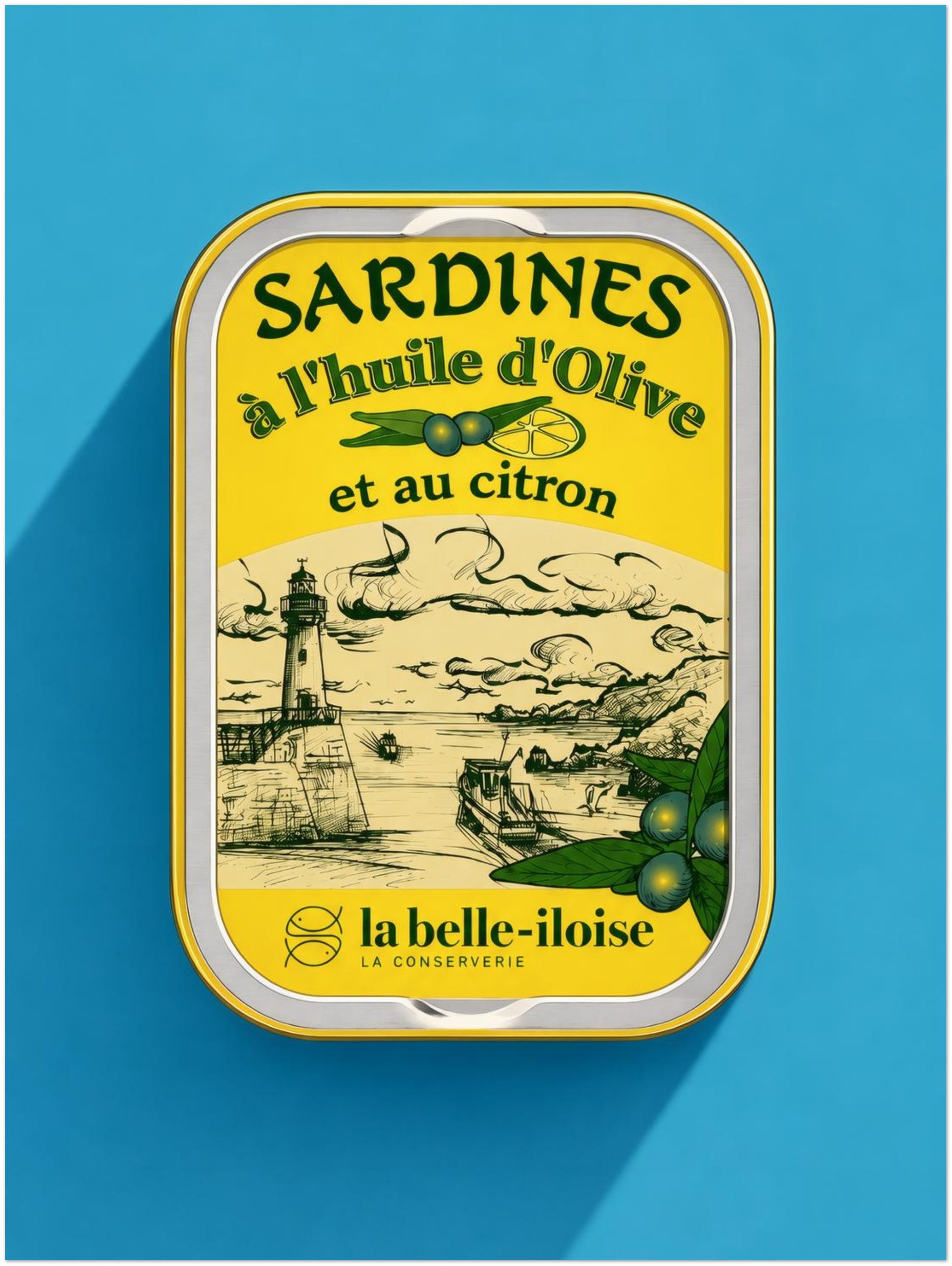 12 x 16 inch unframed French sardine tin pop art print featuring yellow retro packaging, dark green French lettering and a coastal illustration on a clear turquoise blue background.