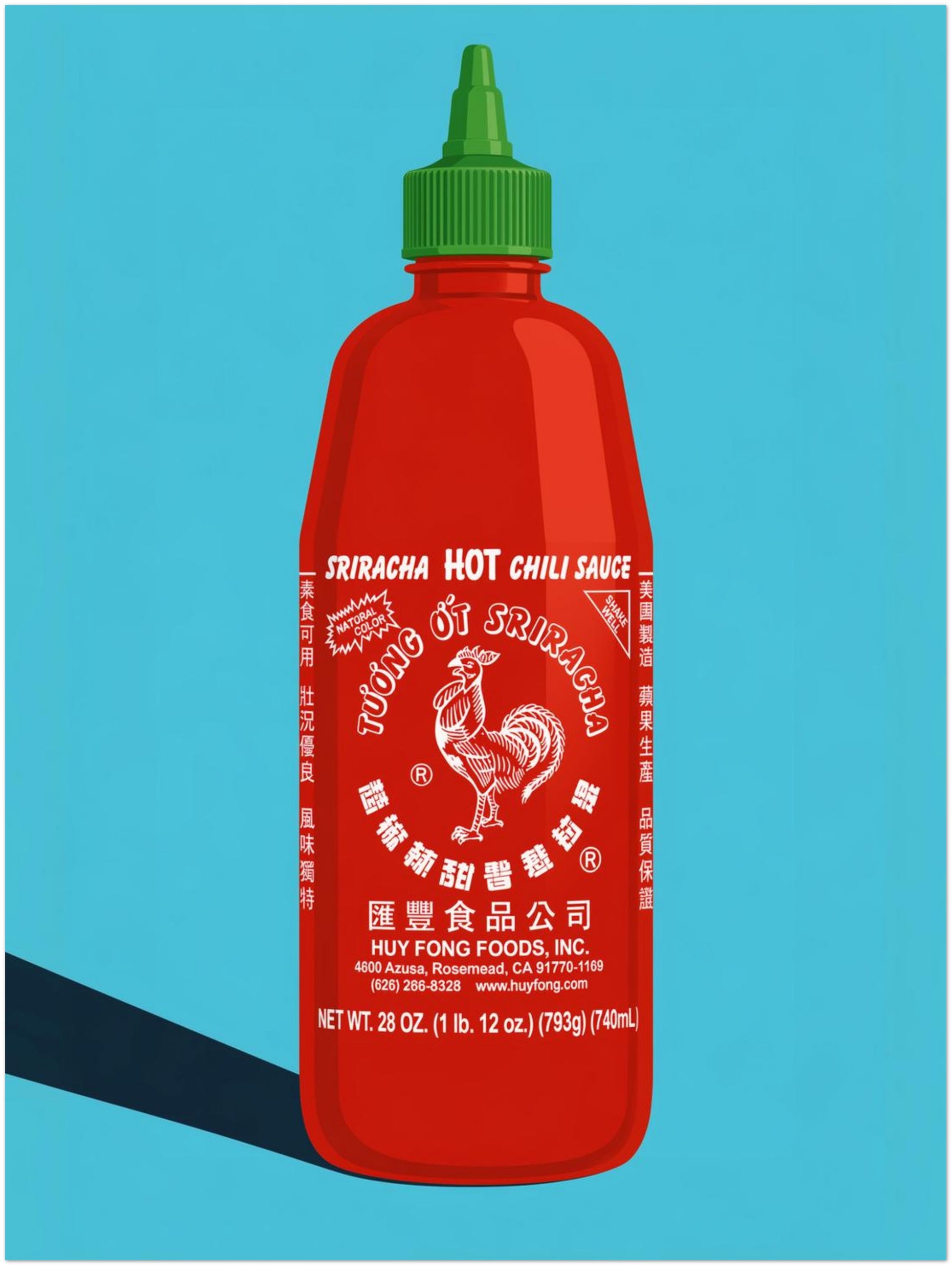 12x16 inch unframed sriracha pop art poster featuring a red sauce bottle, green cap, white rooster label, bright blue background and strong black shadow. A fun spicy food print for kitchen wall art, cafe decor, dining rooms, restaurant styling and modern food themed interiors.