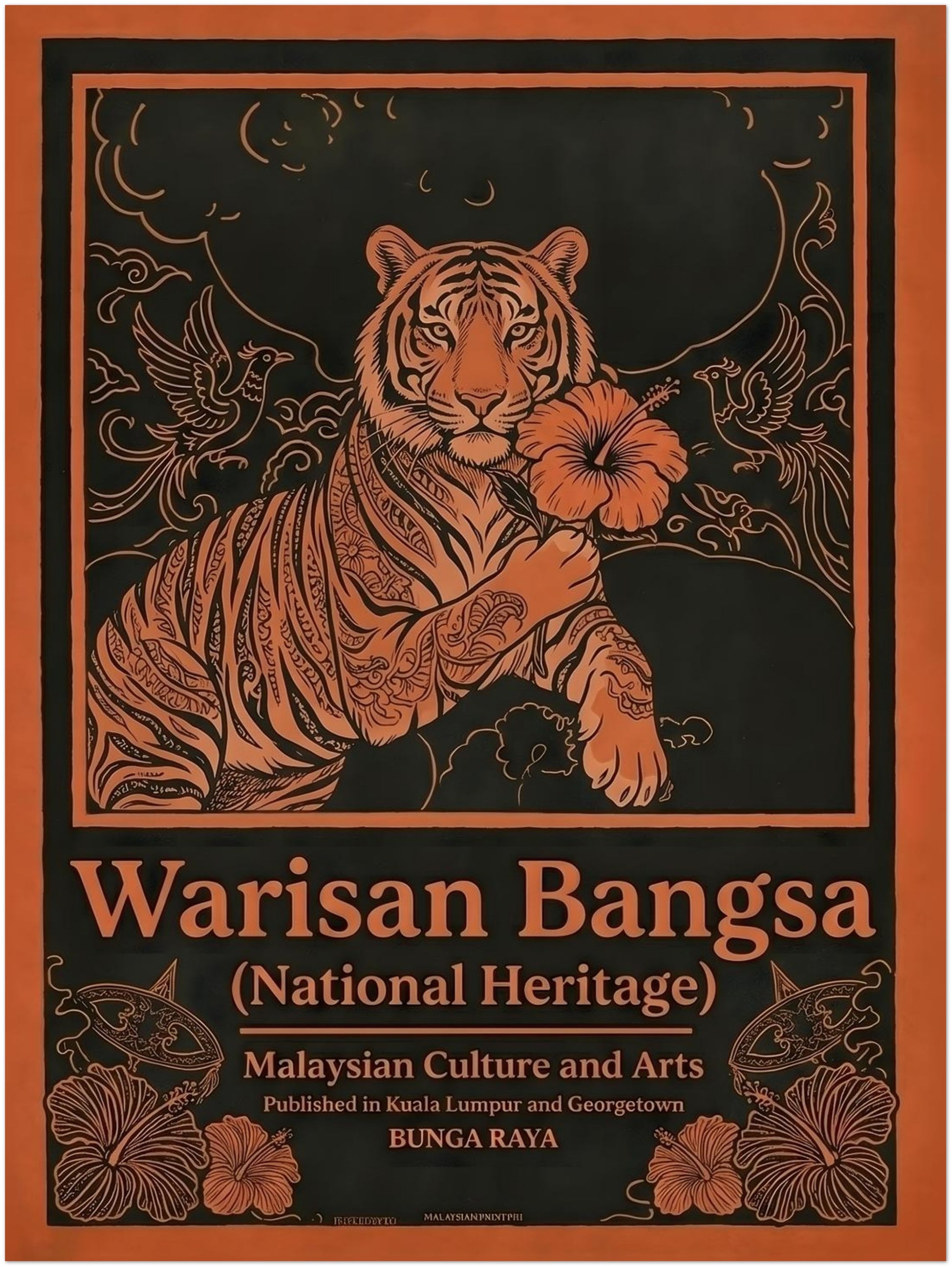 12x16 unframed Malaysian culture poster Warisan Bangsa National Heritage showing a stylised tiger holding a hibiscus flower, the national flower of Malaysia. Decorative birds and flowing floral ornaments surround the illustration in bold orange lines on a dark background. Vintage inspired Malaysian heritage wall art celebrating cultural symbolism.