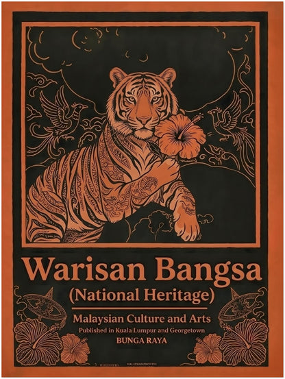 12x16 unframed Malaysian culture poster Warisan Bangsa National Heritage showing a stylised tiger holding a hibiscus flower, the national flower of Malaysia. Decorative birds and flowing floral ornaments surround the illustration in bold orange lines on a dark background. Vintage inspired Malaysian heritage wall art celebrating cultural symbolism.