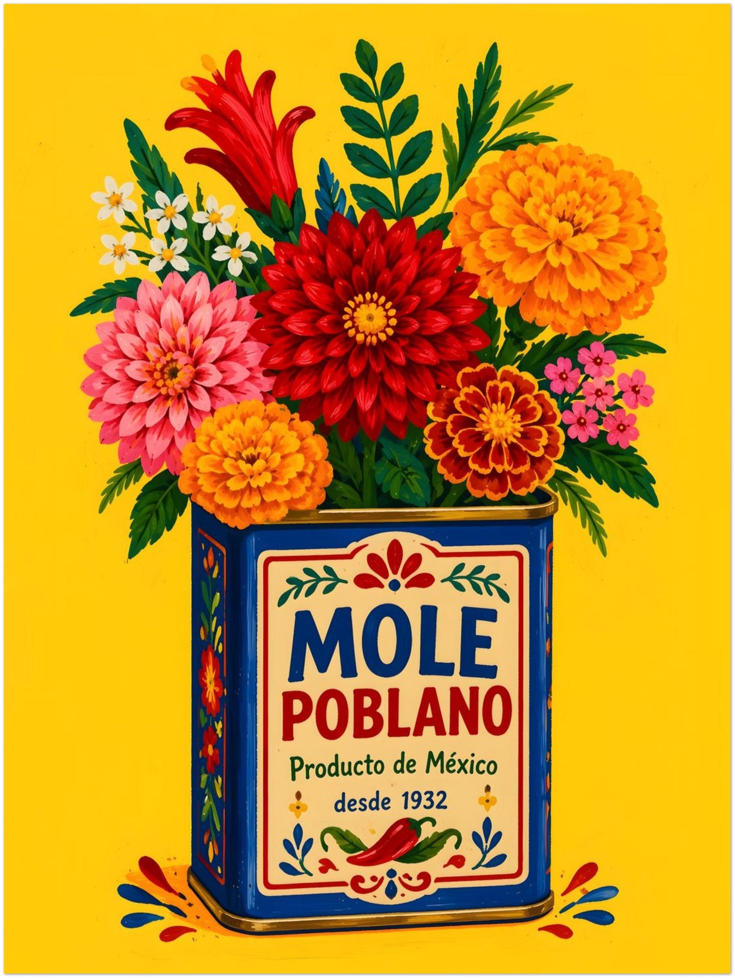 Unframed 12 x 16 inch Mexican kitchen print showing a bright bouquet arranged inside a decorative blue mole poblano tin. The yellow background, chilli pepper label, painted flowers and folk-inspired packaging give the artwork a bold food theme for kitchens, breakfast spaces, dining rooms and colourful travel art collections.