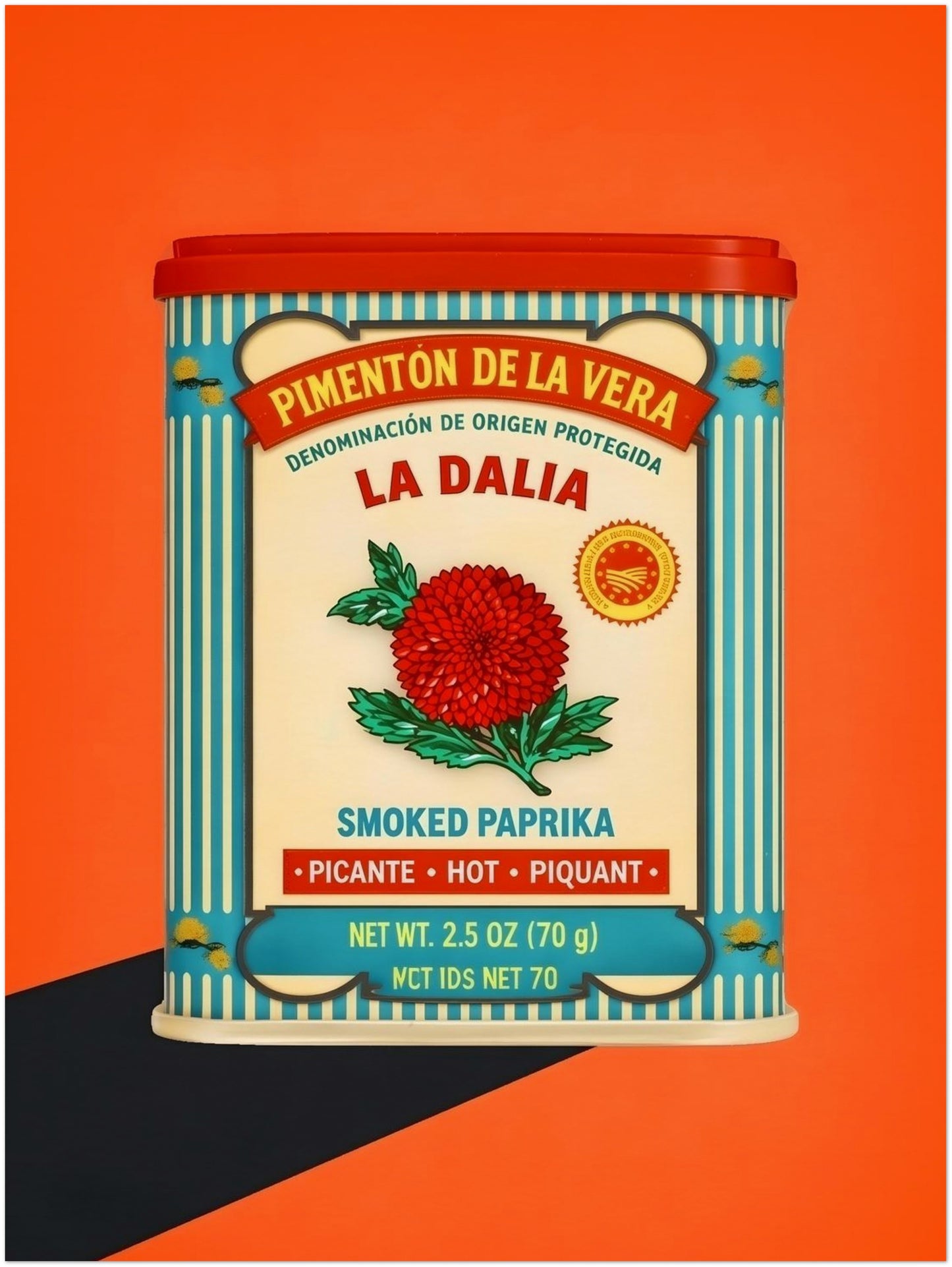 12x16 unframed wall art featuring the Spanish Smoked Paprika Tin design, presented in a straight-on product shot on a bright orange ground. The artwork mixes a red tin lid, cream label, blue striped border, red flower and vintage Spanish text for a bold retro food look. Works well for search intent around Spanish pantry design, kitchen print decor, Mediterranean wall art and spice label artwork.