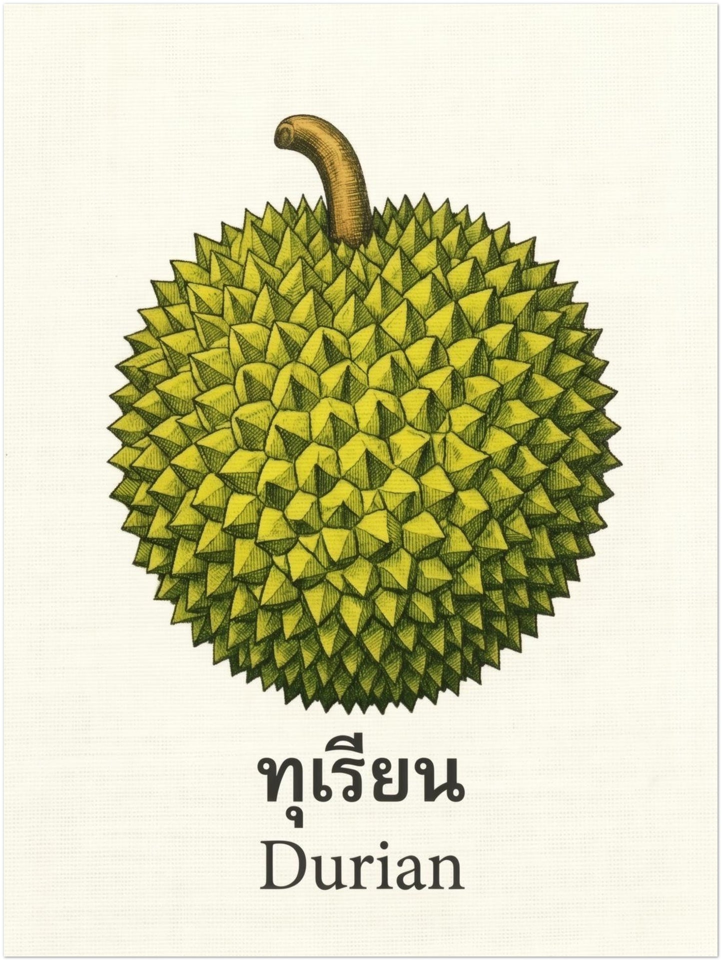Unframed 12x16 Thai durian fruit poster with a vintage botanical drawing of a green spiky durian and curved stem. The cream background keeps the design simple, while the Thai lettering and English “Durian” label add a clear cultural touch. A strong choice for tropical kitchen wall art, cafe decor, pantry styling or minimalist fruit print displays.