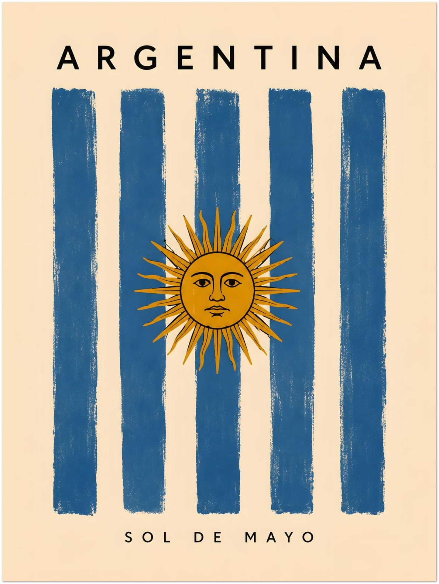 12 x 16 inch unframed Argentina poster featuring textured blue vertical stripes on a warm cream background. The golden Sun of May with its recognisable face sits at the centre of the composition, accompanied by Argentina and Sol de Mayo lettering. This vintage-inspired Argentine flag print suits travel-themed and cultural wall displays.