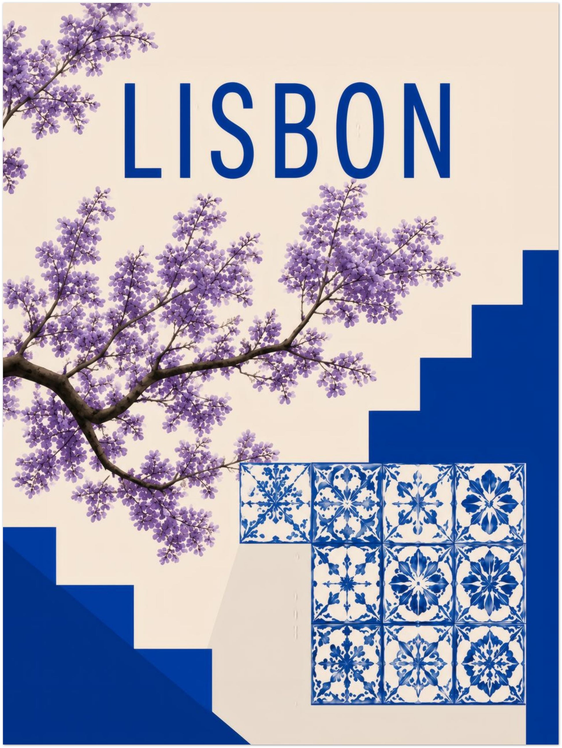 12x16 inch unframed Lisbon print with blue and white tile artwork, deep blue stair shapes, purple jacaranda flowers and bold Lisbon text. A simple Portugal print for blue wall decor, kitchen wall art, bathroom styling, home office decor or a clean Mediterranean inspired gallery wall.