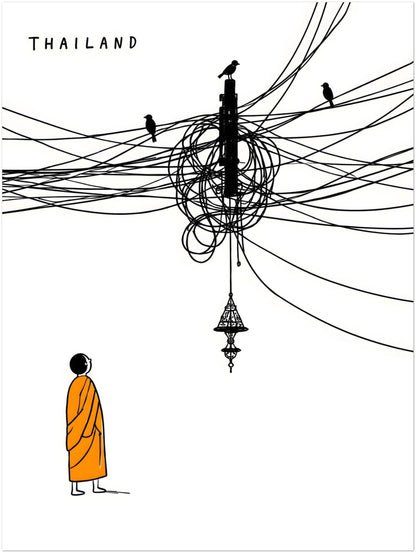 12x16 Thailand cable chaos travel print with a Buddhist monk in orange looking at tangled black street wires, birds and a hanging lamp. A clean, funny Thailand poster with simple line work, cultural detail and plenty of white space for modern home decor.