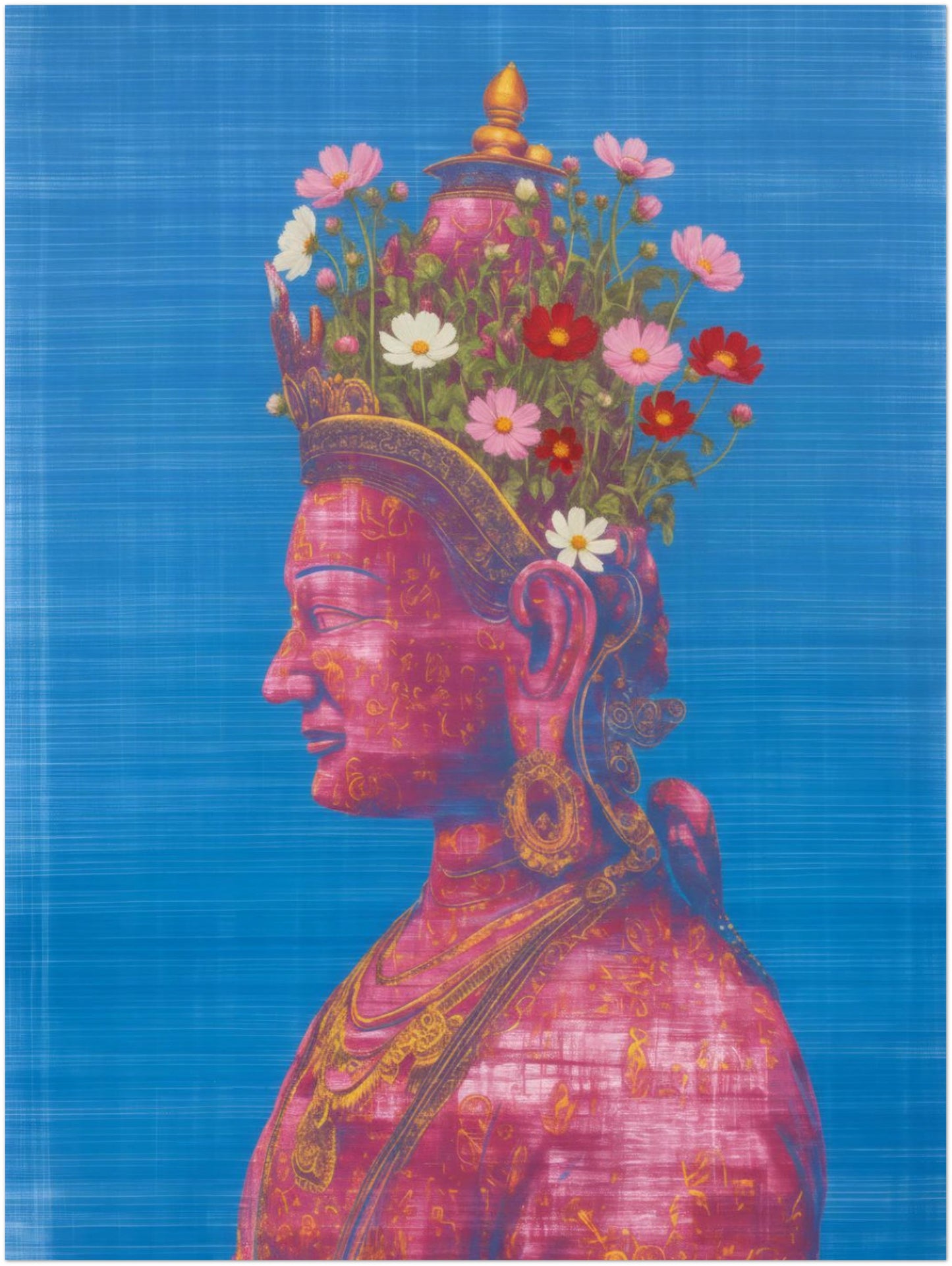 Unframed 12×16 inch Pink Tara Buddhist artwork on a plain white background, showcasing sacred feminine iconography, floral crown detail, vivid colour contrasts and accurate scaling of the complete design.