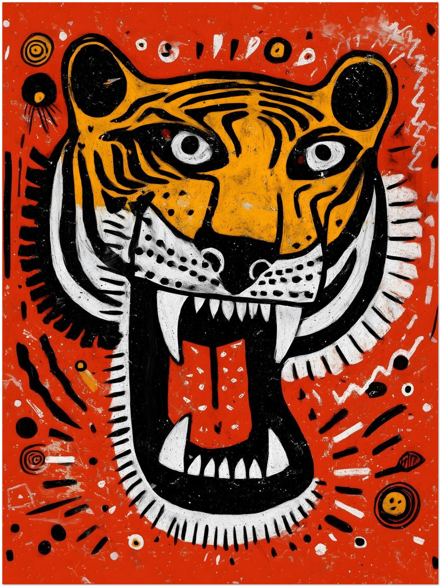 12x16 inch unframed Malayan Tiger poster designed with a vibrant orange background and expressive tiger head illustration. The sharp teeth, red tongue and heavy black striping create high impact contrast. Tribal circular motifs add cultural detail to this contemporary wildlife wall decor piece.