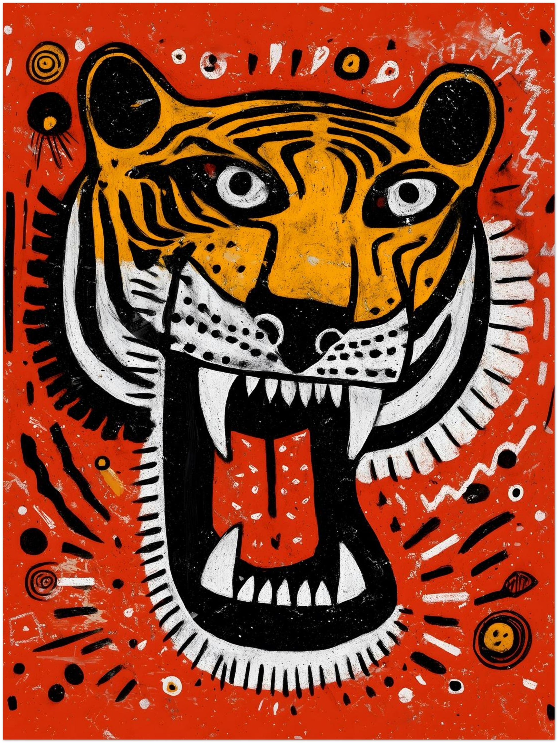 12x16 inch unframed Malayan Tiger poster designed with a vibrant orange background and expressive tiger head illustration. The sharp teeth, red tongue and heavy black striping create high impact contrast. Tribal circular motifs add cultural detail to this contemporary wildlife wall decor piece.