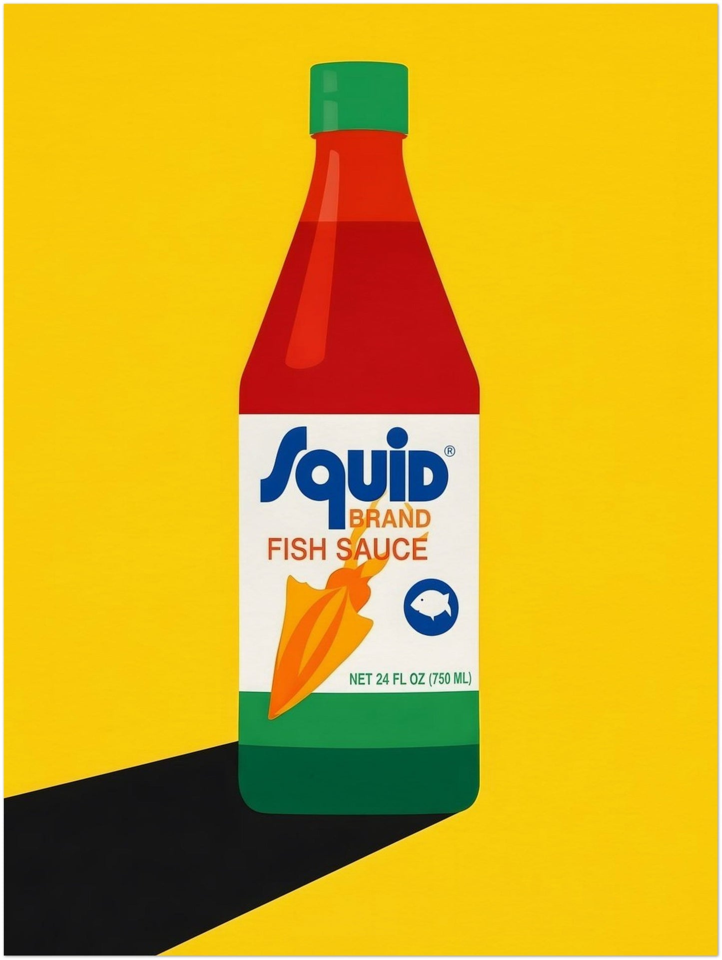 12x16 inch unframed Thai fish sauce poster with a centred Squid Fish Sauce bottle illustration on a vivid yellow background. The artwork uses a bold pop art style with strong red, green and black accents, simple shapes and a clean modern finish. Ideal as kitchen wall decor, Thai food art, pantry print or quirky dining room poster for anyone who likes graphic food-inspired artwork.